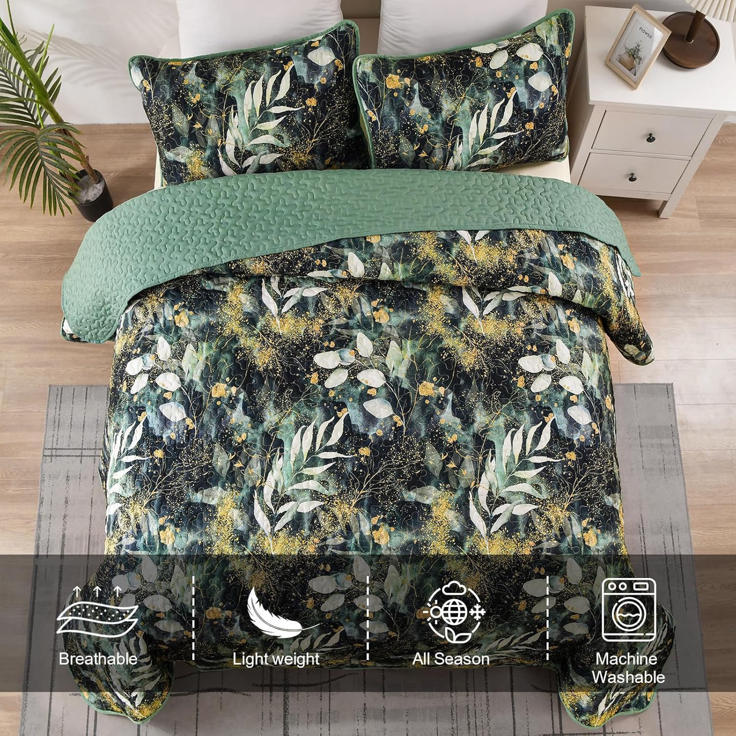 Lush Quilted coverlet and pillowcovers set: Soft and Cozy Feel - Queen size with floral print and green quilted reverse on bed