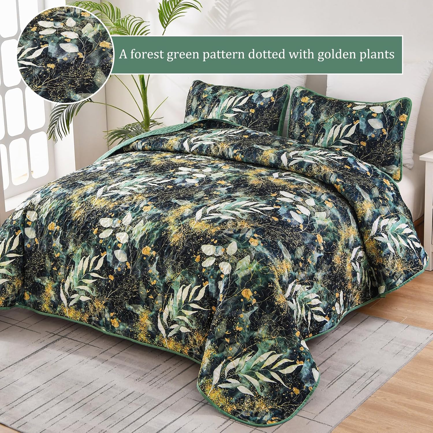 Lush Quilted coverlet and pillowcovers set: Soft and Cozy Feel - Queen size with forest green and gold plant pattern on bed by Bedzy