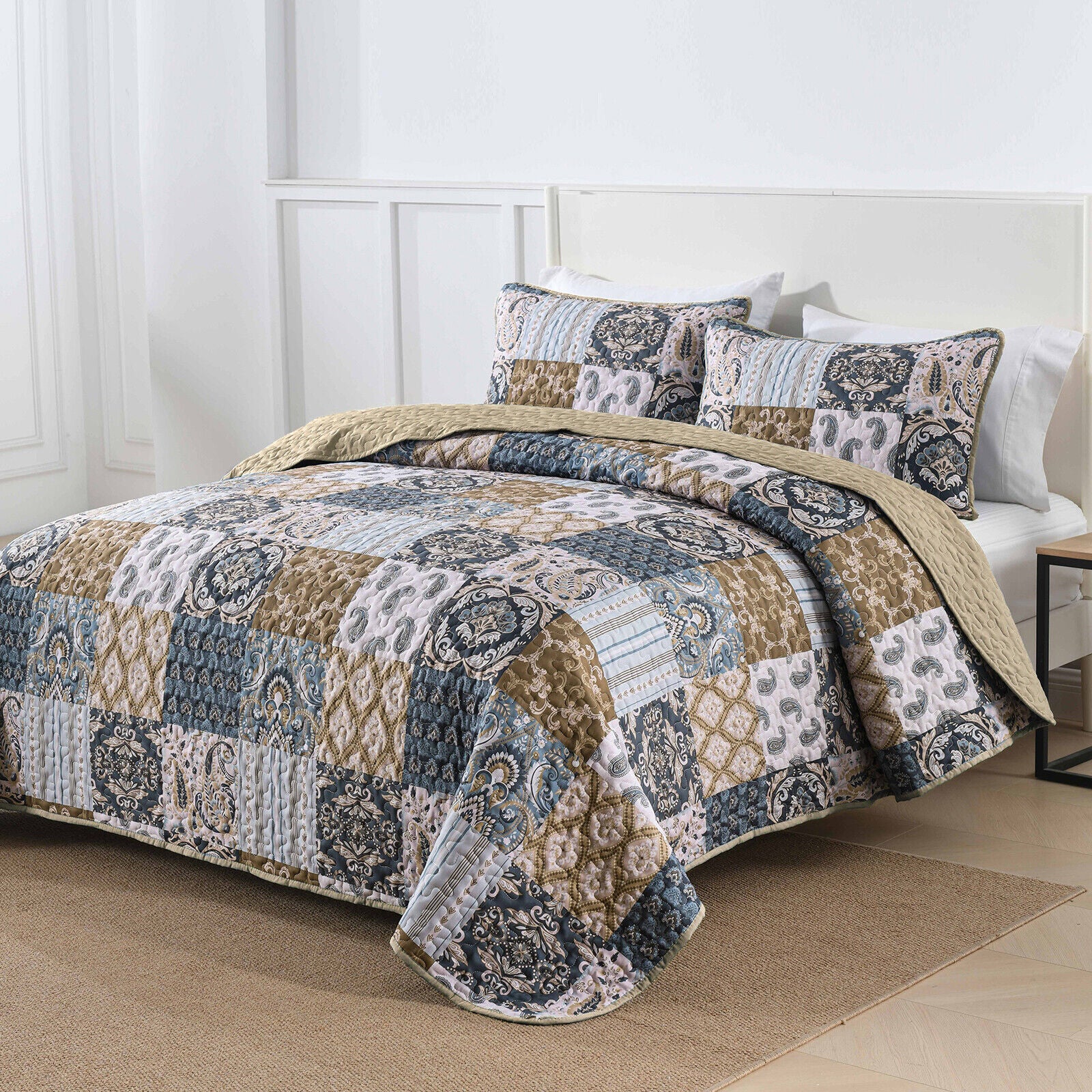 Retro Charm Queen Bedspread Set with Bold Checkered Design in mixed blue, beige, and brown patterns on bedzy bedroom furniture