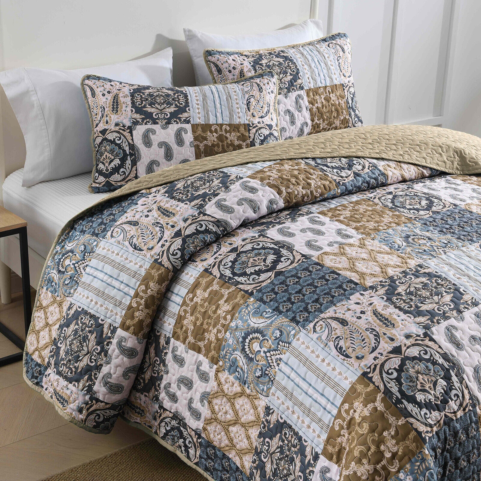 Retro Charm Queen Bedspread Set with Bold Checkered Design on a bed with matching pillows and white sheets