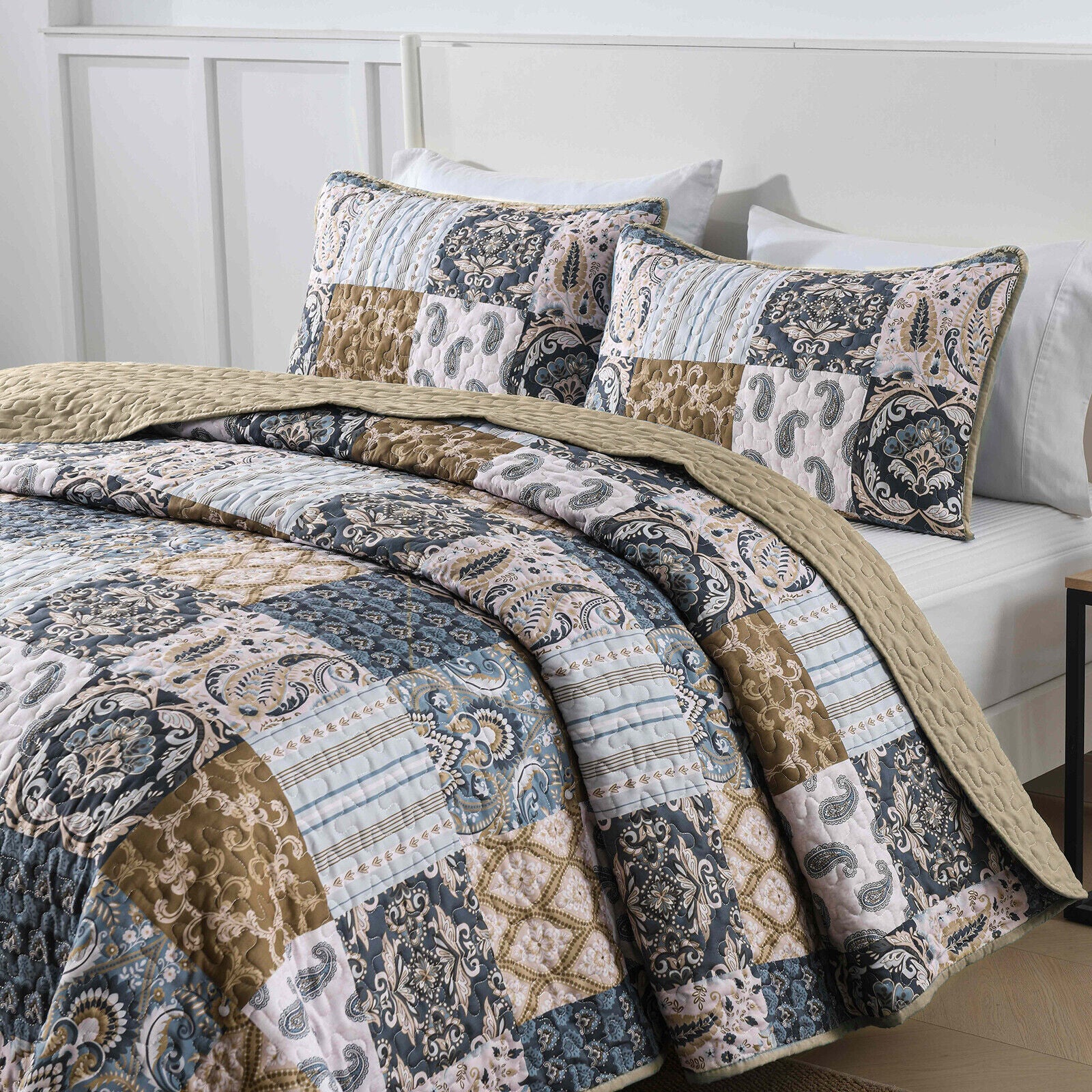 Retro Charm Queen Bedspread Set with Bold Checkered Design on a made bed with matching pillows in a bedroom setting