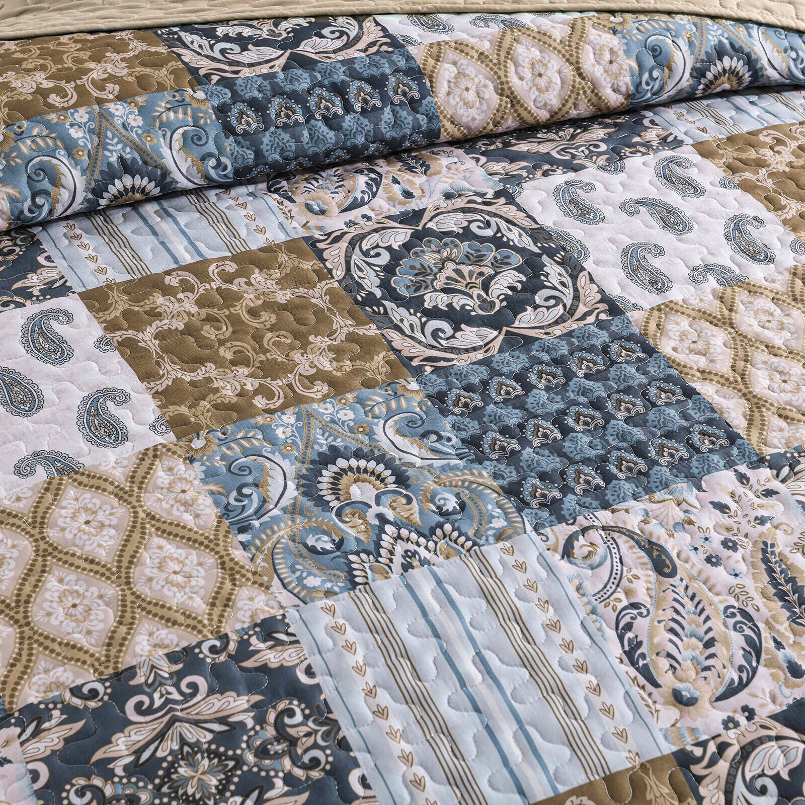 Retro Charm Queen Bedspread Set with Bold Checkered Design featuring intricate patterns in blue, beige, and white tones