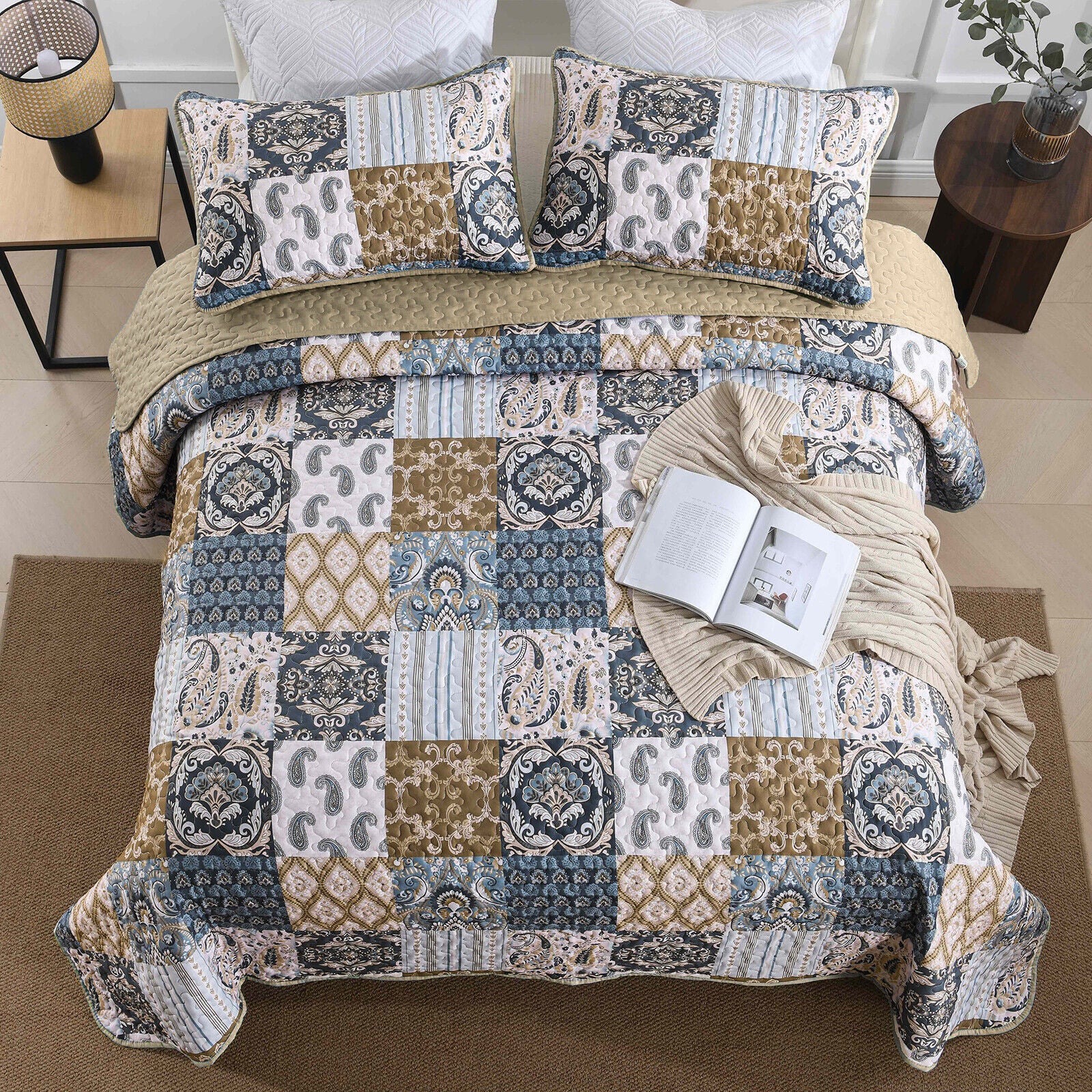 Retro Charm Queen Bedspread Set with Bold Checkered Design featuring patchwork patterns in blue, beige, and white tones.