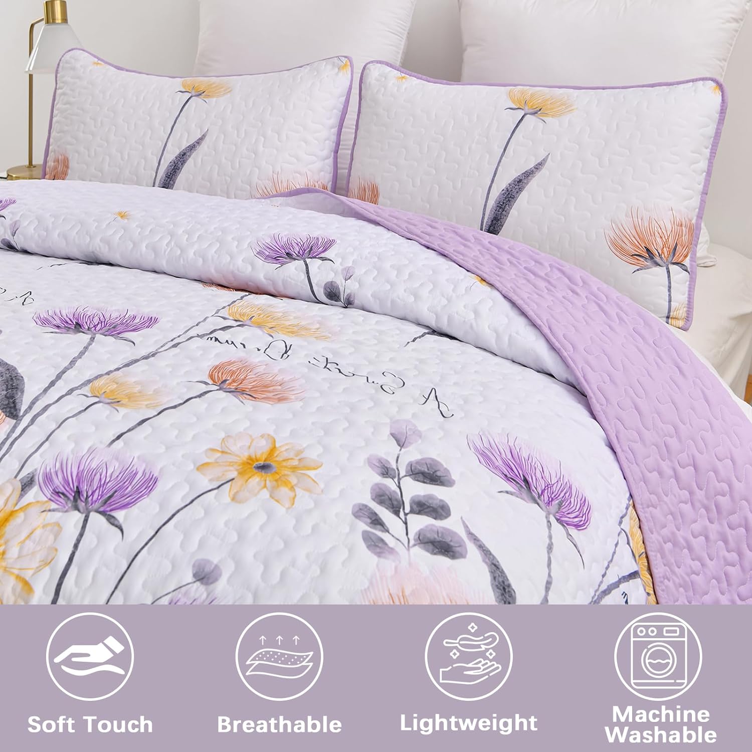 Knit Quilted coverlet and pillowcovers set: Cozy and Textured - Queen size with floral pattern and lavender quilted texture on bedzy bedroom furniture