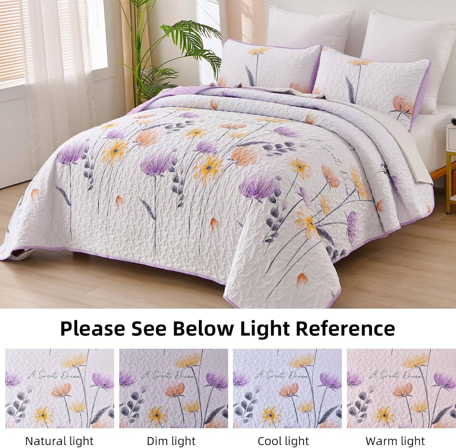 Knit Quilted coverlet and pillowcovers set: Cozy and Textured - Queen size with floral patterns on bed by window in bedroom