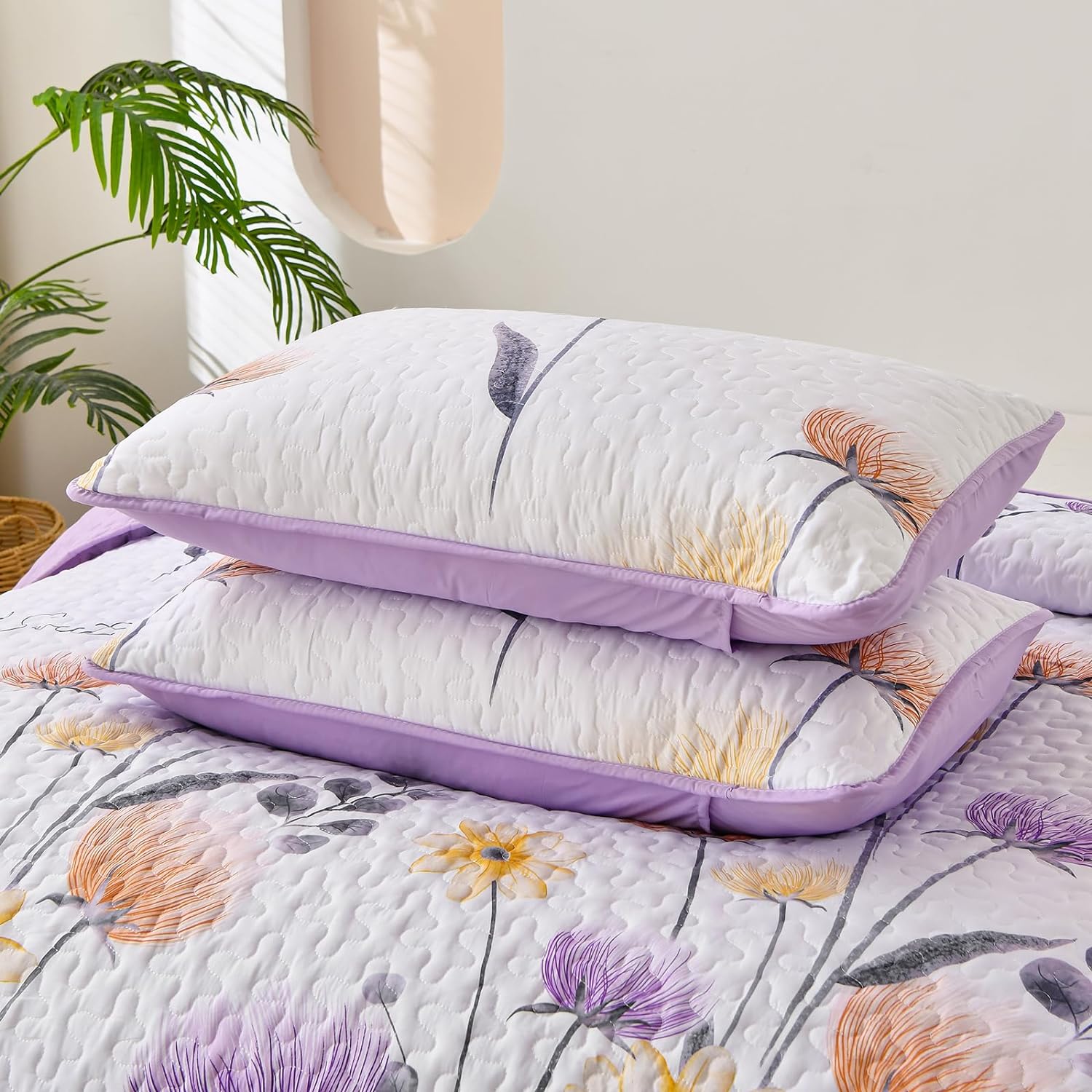 Knit Quilted coverlet and pillowcovers set: Cozy and Textured - Queen size with floral pattern and lavender edges on bed in bedroom setting