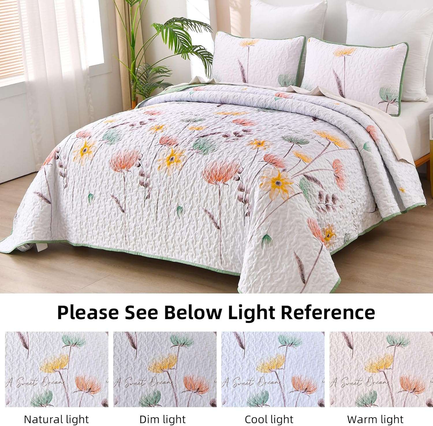 Intricate Quilted Coverlet and Pillowcases Set: A Work of Art for Your Bedroom - Queen size with floral pattern on bedzy bed