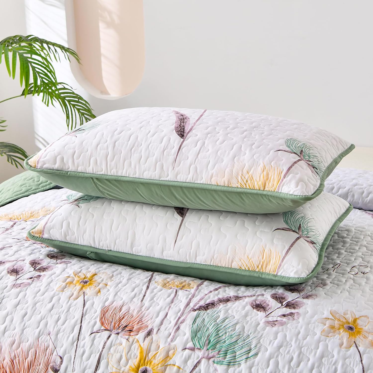 Intricate Quilted Coverlet and Pillowcases Set: A Work of Art for Your Bedroom - Queen size with floral quilted design and green trim pillows