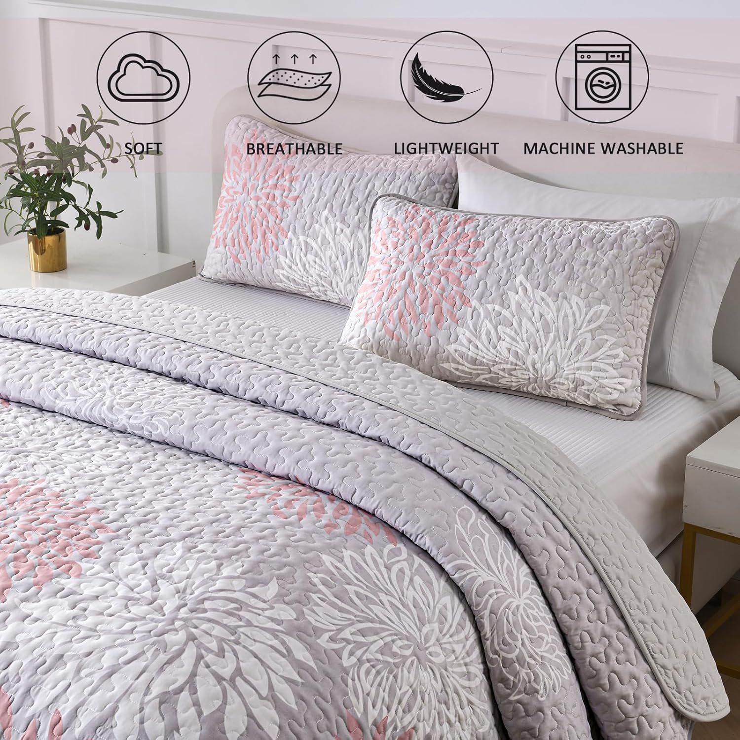 Mosaic Quilted coverlet and pillowcovers set: Unique Patchwork Design - Queen size on a styled bed in bedroom setting