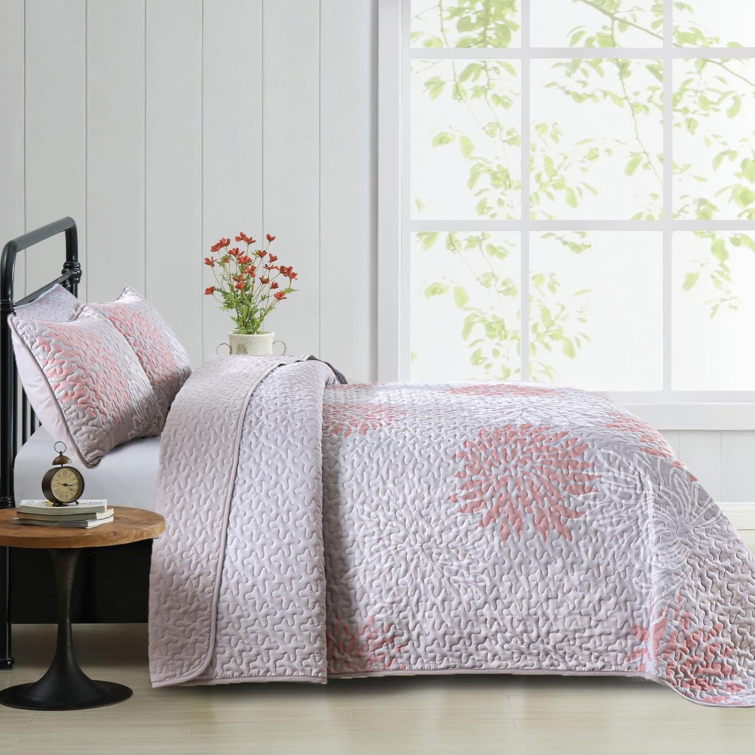 Mosaic Quilted coverlet and pillowcovers set: Unique Patchwork Design - Queen size on black metal bed with bedside table and flowers