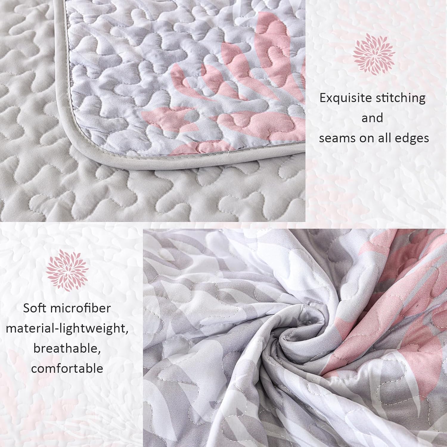 Close-up of Mosaic Quilted coverlet and pillowcovers set: Unique Patchwork Design - Queen size showing stitching and soft microfiber fabric texture