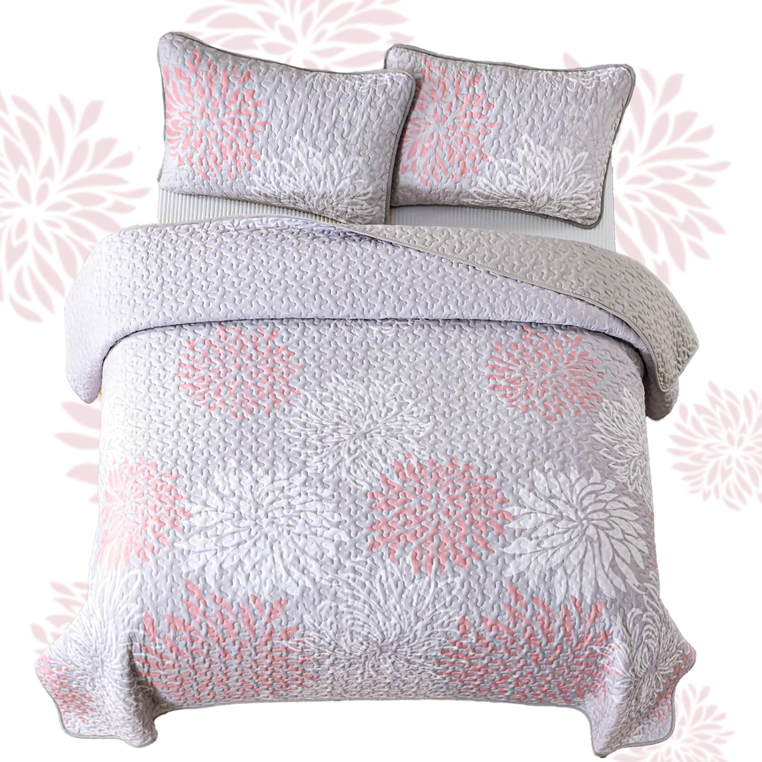 Mosaic Quilted coverlet and pillowcovers set: Unique Patchwork Design - Queen size with pink and white floral quilting on bedzy bed