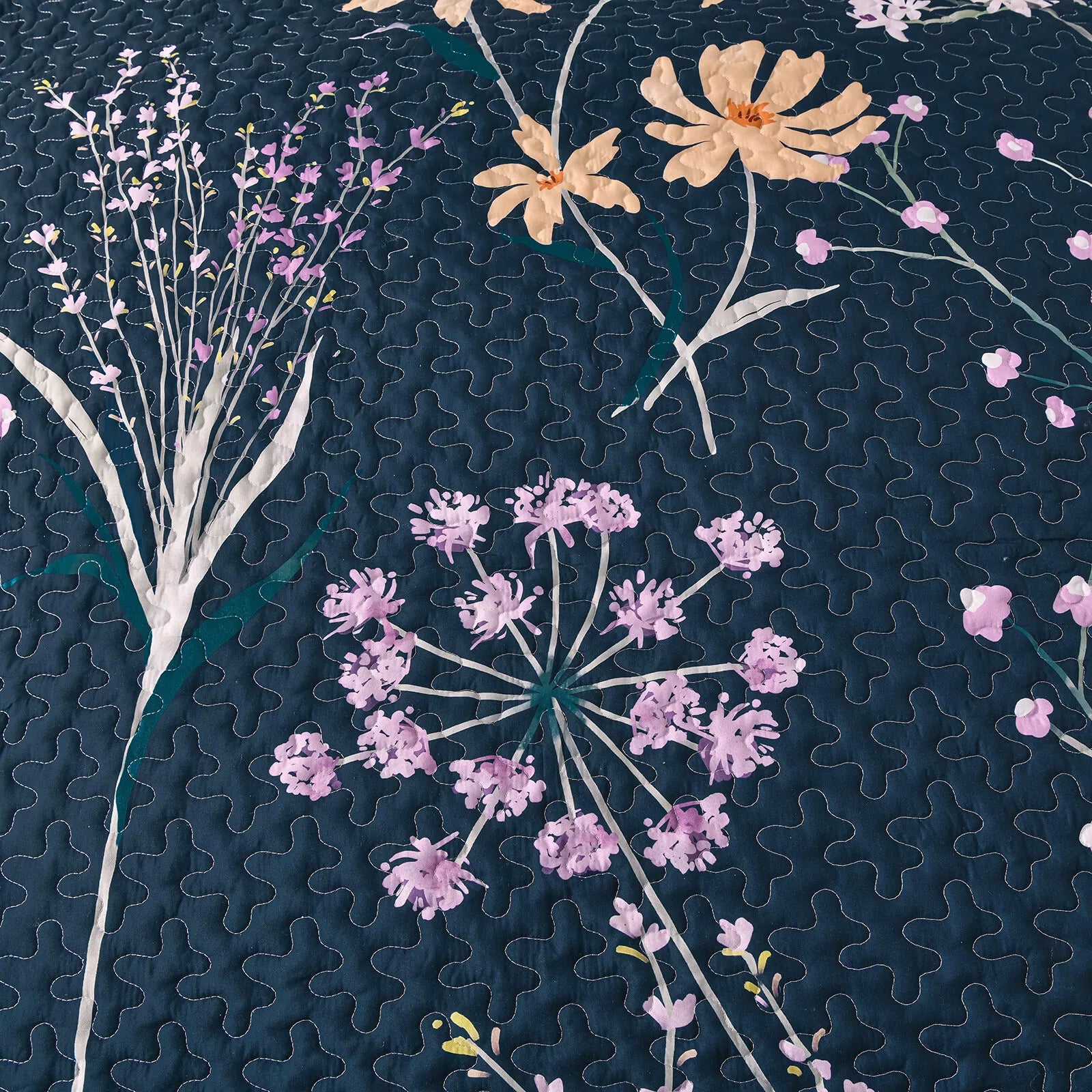 Abstract Quilted coverlet and pillowcovers set: Unique and Artistic - Queen size with floral pattern on dark background