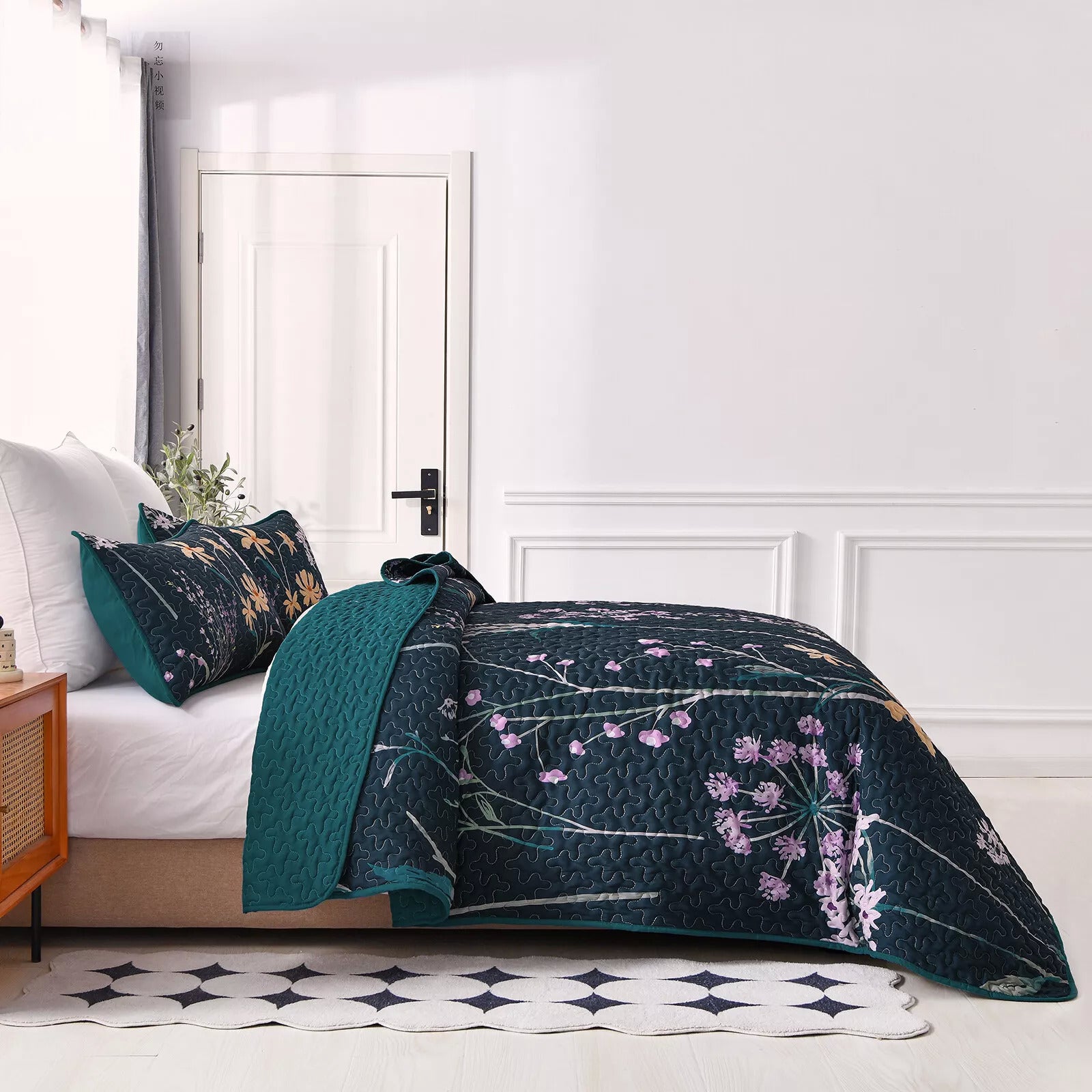 Abstract Quilted coverlet and pillowcovers set: Unique and Artistic - Queen size on beige bed in modern bedroom setting