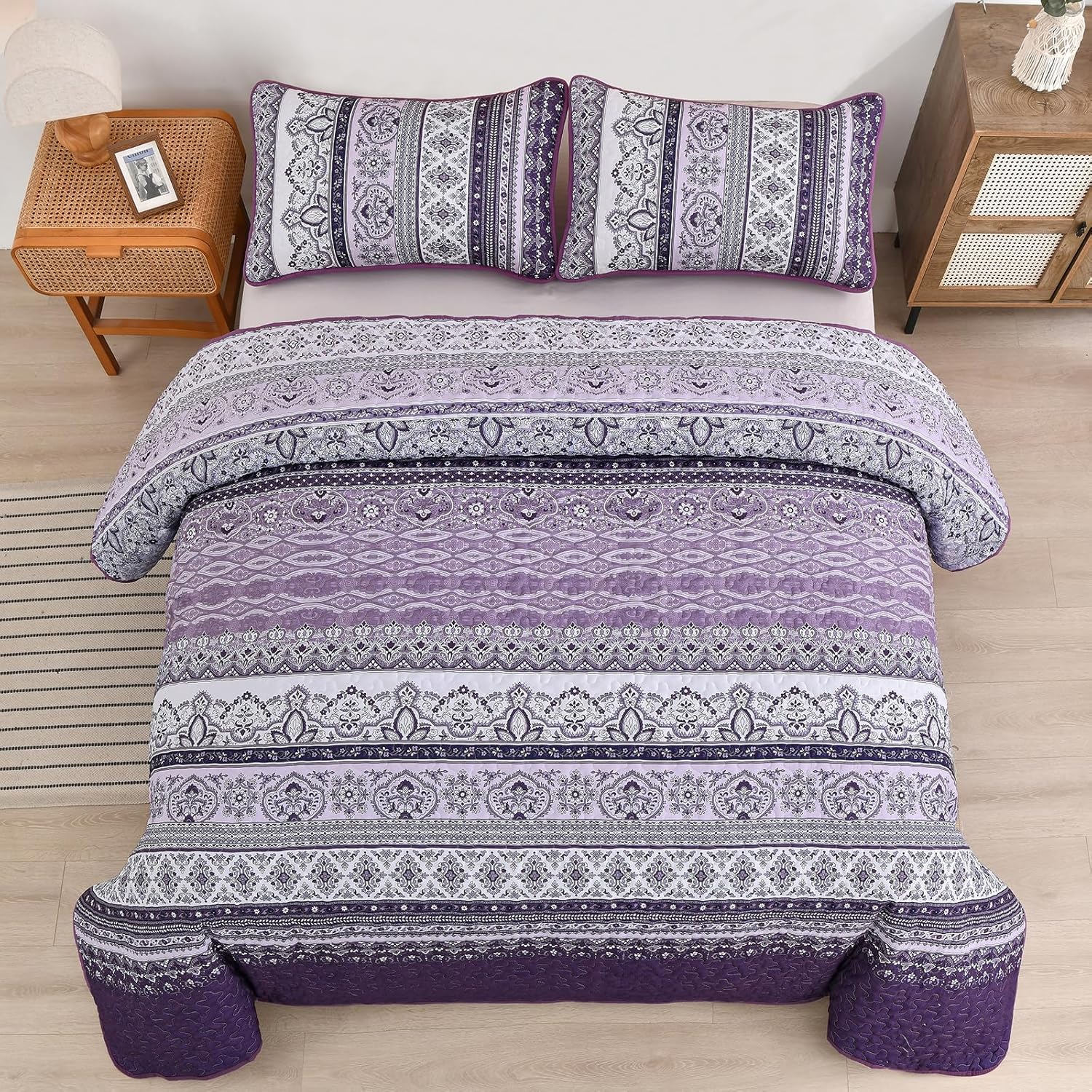 Elegant Peony purple Soft 3 Pc Bedspread & Pillow Cover Set on bed with patterned quilt and matching pillow covers
