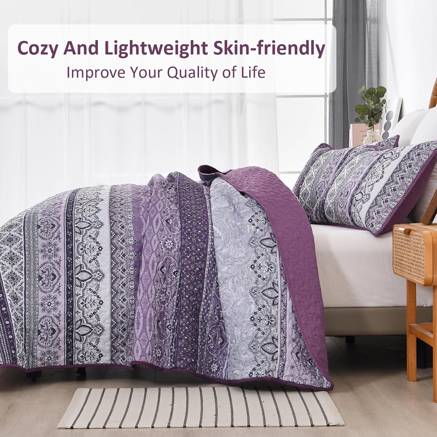 Elegant Peony purple Soft 3 Pc Bedspread & Pillow Cover Set displayed on bed with patterned quilt and matching pillow covers