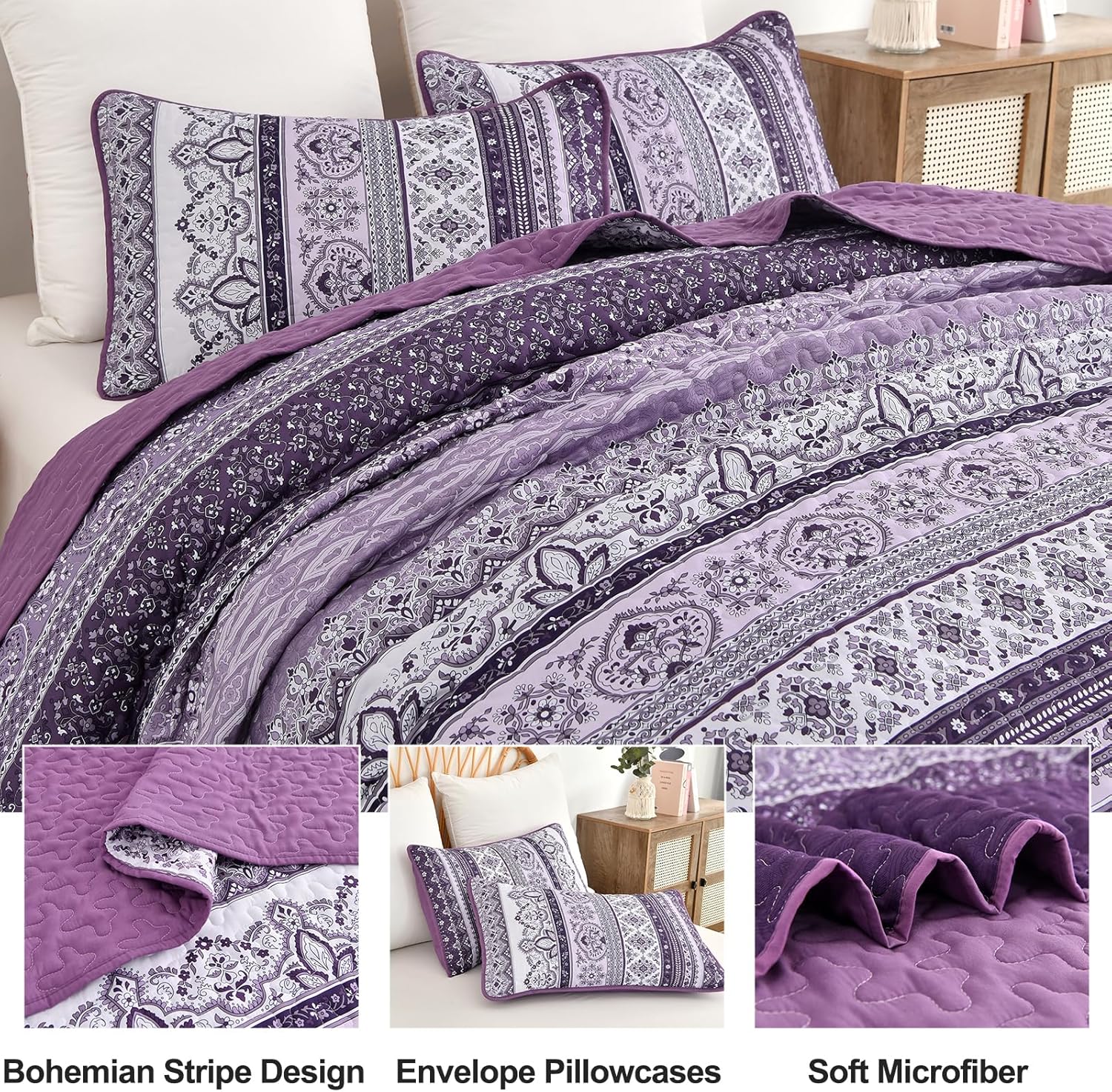 Elegant Peony purple Soft 3 Pc Bedspread & Pillow Cover Set with bohemian stripe design and soft microfiber fabric on bedzy bed