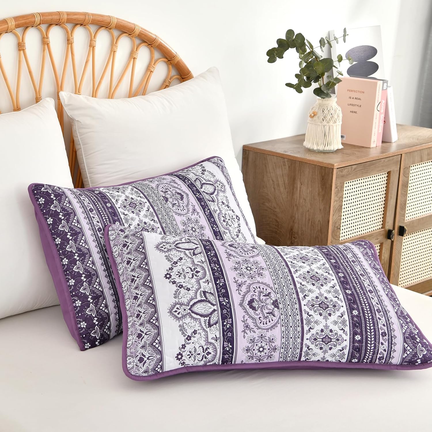 Elegant Peony purple Soft 3 Pc Bedspread & Pillow Cover Set with decorative floral pillow covers on white bedding in bedroom setting