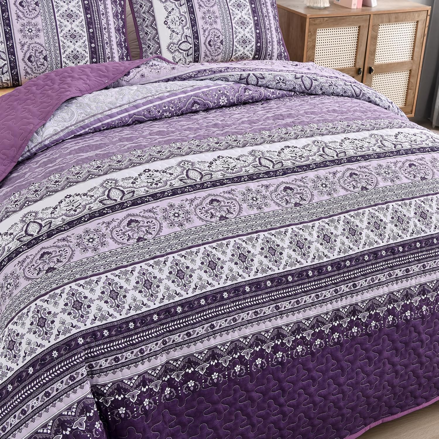 Elegant Peony purple Soft 3 Pc Bedspread & Pillow Cover Set with floral and geometric patterns on bed in bedroom setting