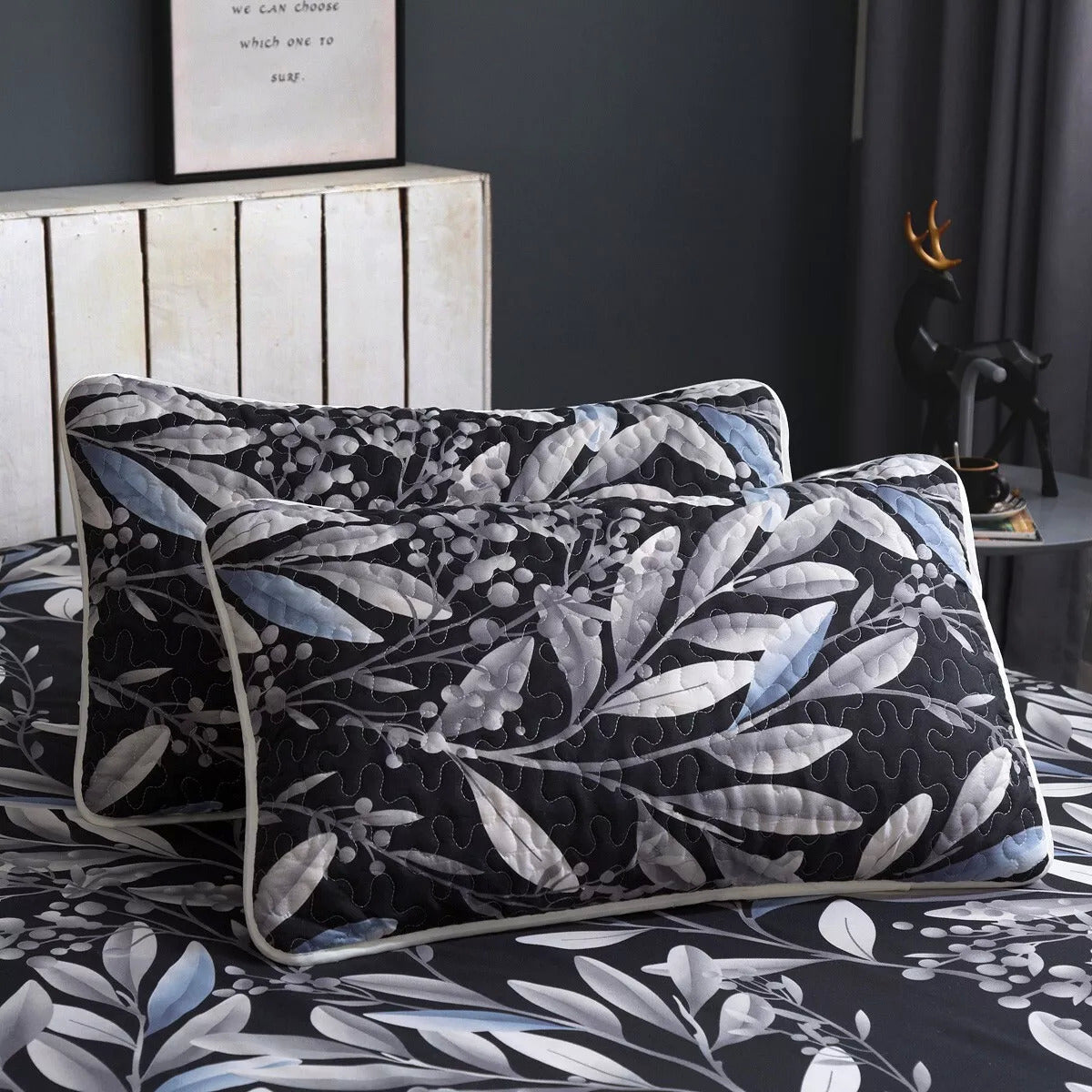Whimsical Quilted bedspread and pillowcovers set: Add Fun to Your Space - Queen size with leaf-patterned black and gray bedding pillows