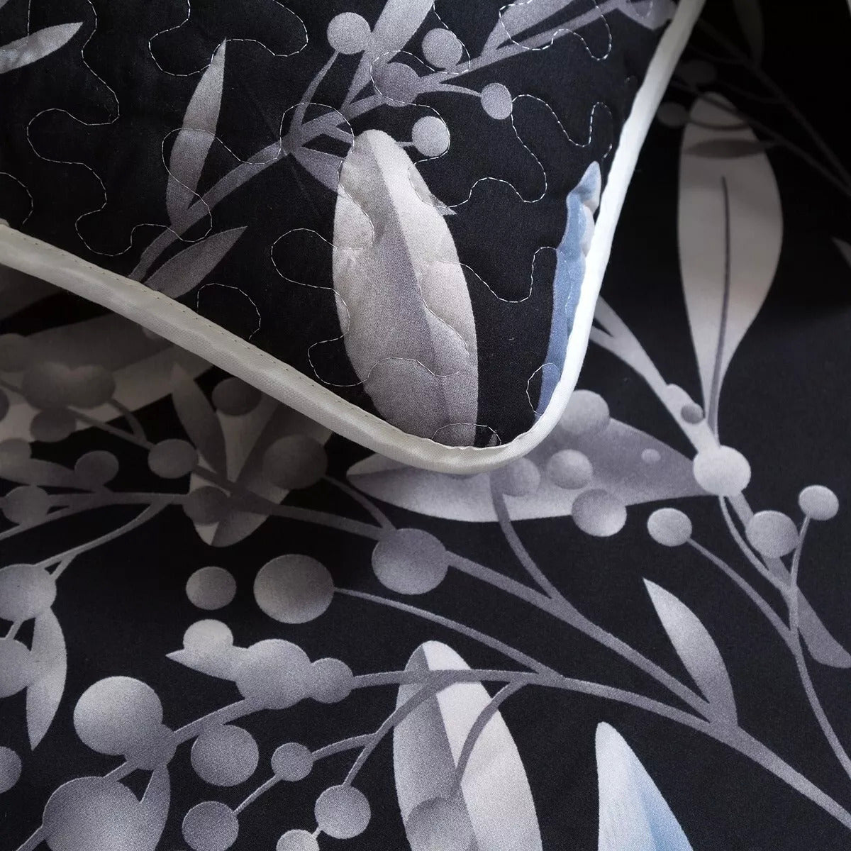 Close-up of black and gray botanical pattern with quilted texture on Whimsical Quilted bedspread and pillowcovers set: Add Fun to Your Space - Queen size
