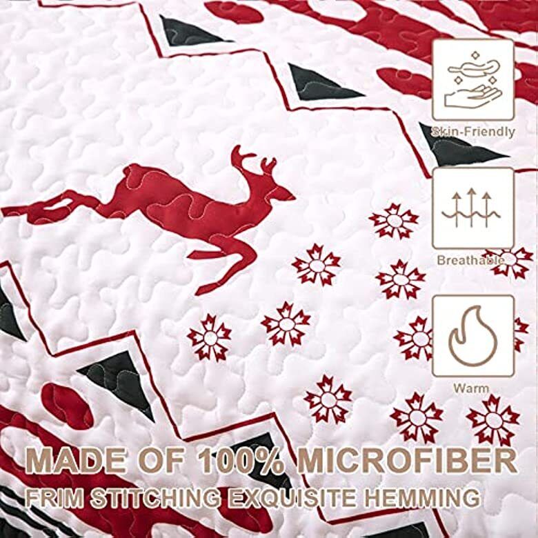 Close-up of Vintage Christmas Print Queen Bedspread Set featuring red reindeer, snowflakes, and microfiber quilt stitching detail