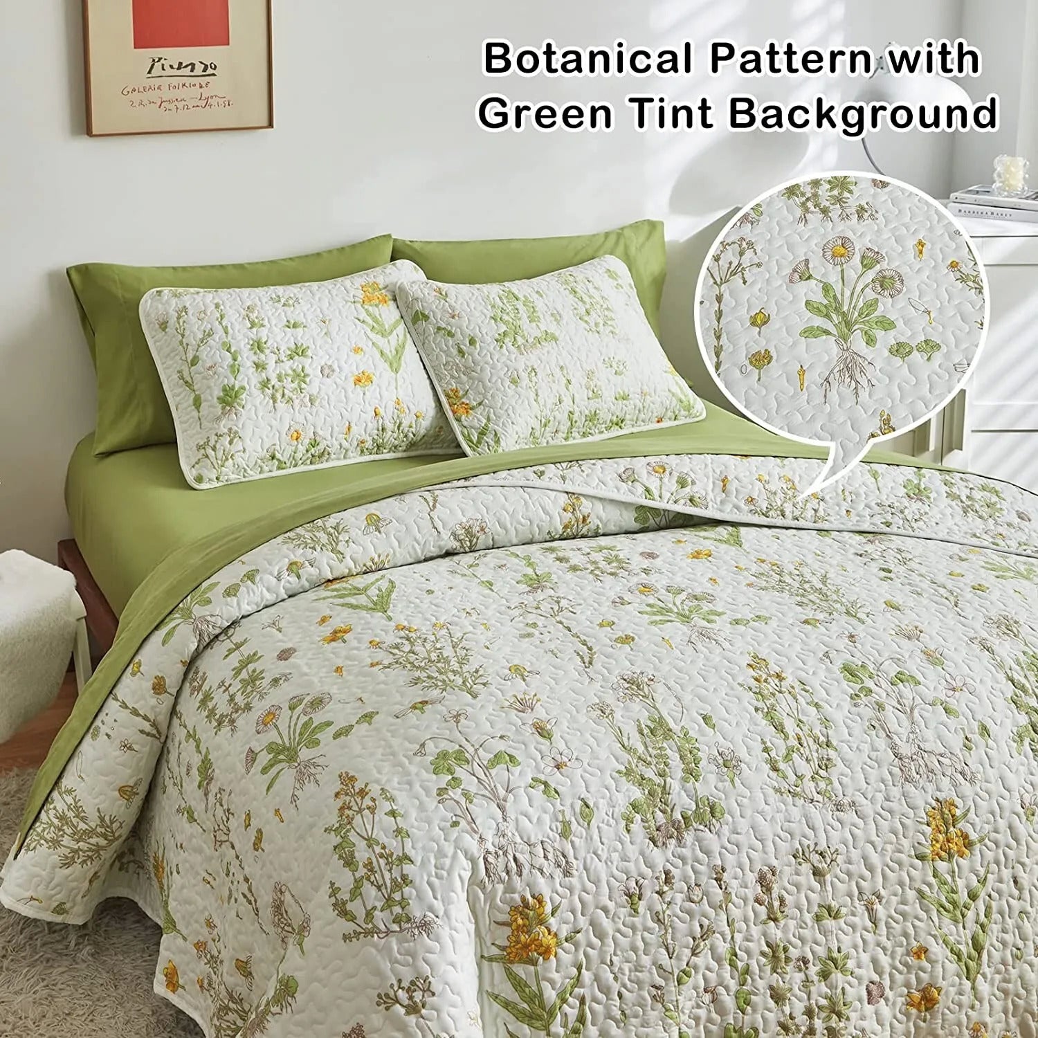 Artistic Quilted coverlet and pillowcovers set: Unleash Your Creativity - Queen size with botanical pattern and green bedding background