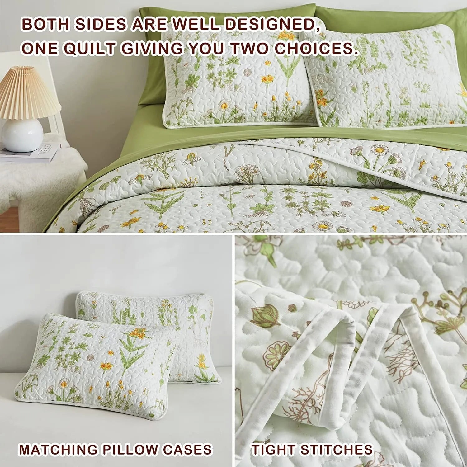 Artistic Quilted coverlet and pillowcovers set: Unleash Your Creativity - Queen size with floral pattern and matching pillowcases on bedzy bed