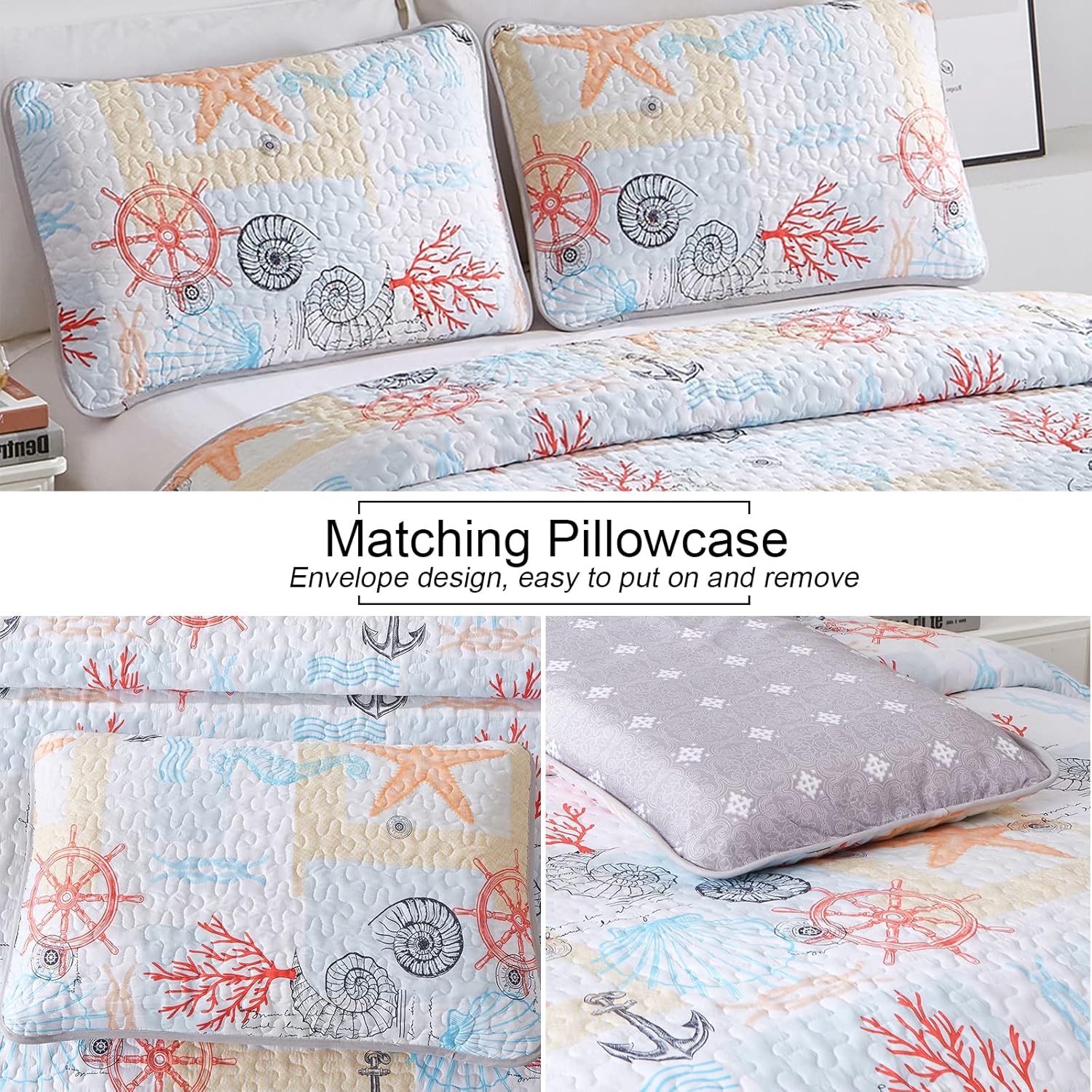 Decorative Quilted coverlet and pillowcovers set: Enhance Your Home Decor - Queen size with coastal motifs on bed and matching pillowcases