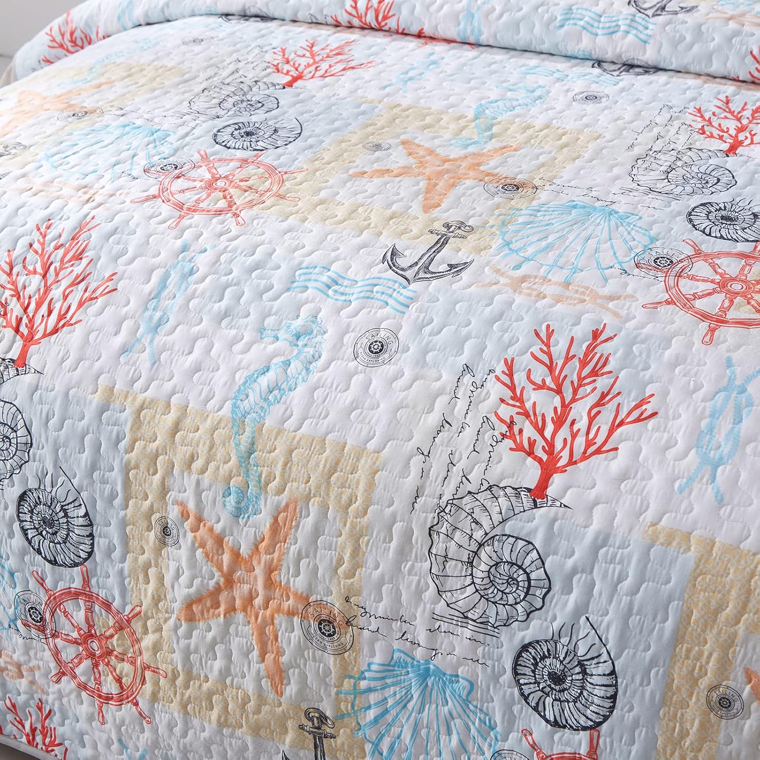 Decorative Quilted coverlet and pillowcovers set: Enhance Your Home Decor - Queen size with nautical print on quilted fabric