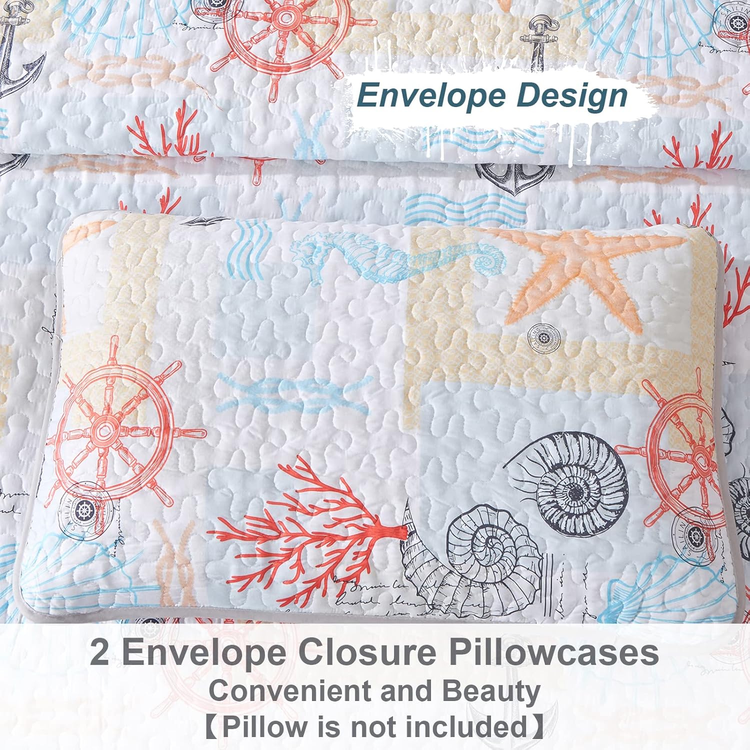 Decorative Quilted coverlet and pillowcovers set: Enhance Your Home Decor - Queen size with nautical quilted pillowcases on bedspread