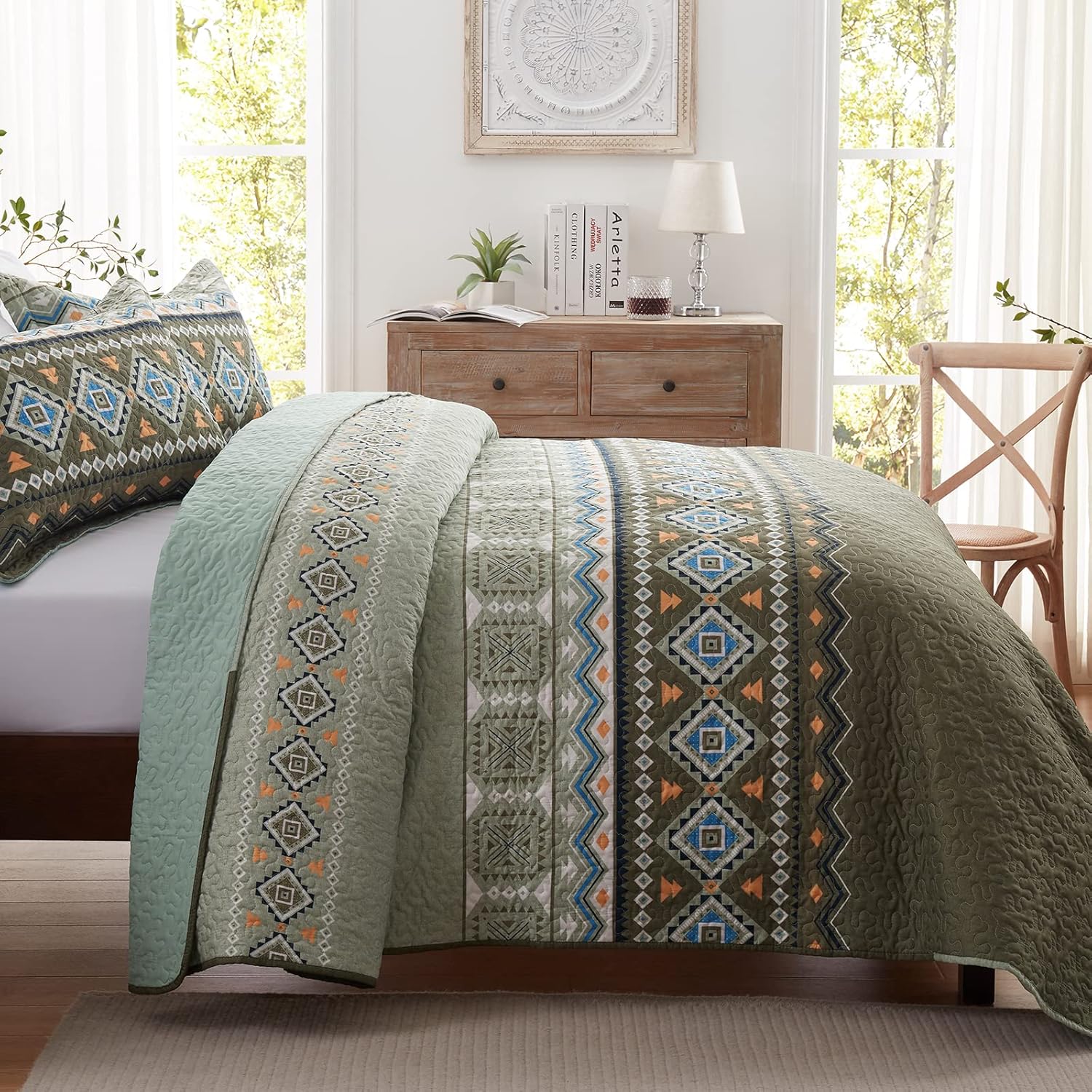 Quicksilver Quilted coverlet and pillowcovers set: Sleek and Modern - Queen size on bed with patterned design in cozy bedroom setting