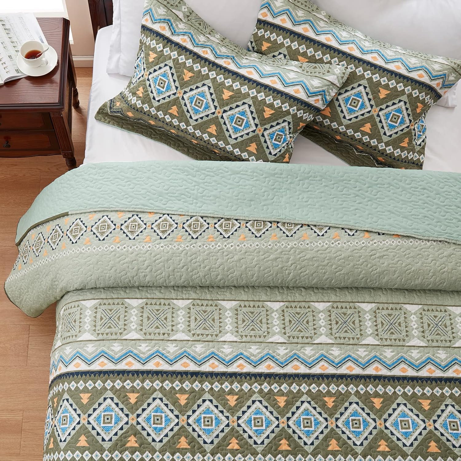Quicksilver Quilted coverlet and pillowcovers set: Sleek and Modern - Queen size with patterned design on bed in bedroom setting