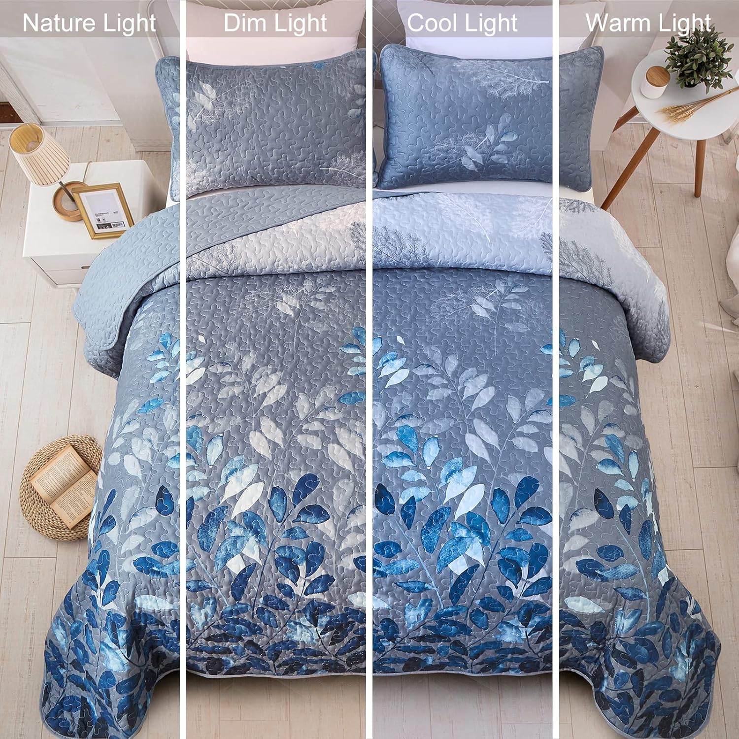 Nostalgic Quilted coverlet and pillowcovers set: Classic and Timeless - Queen size in blue floral pattern on bed with pillow on wooden floor