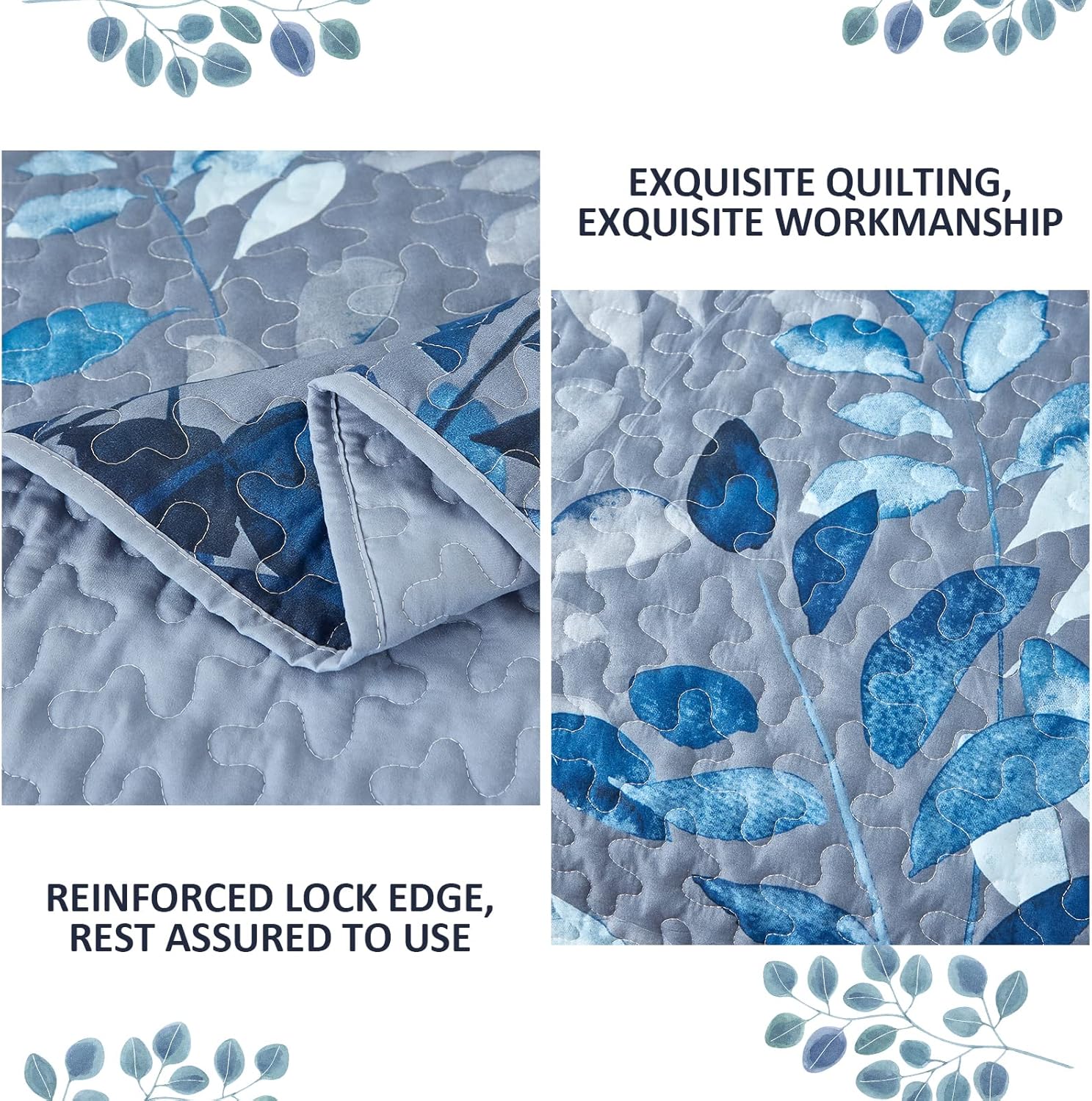 Nostalgic Quilted coverlet and pillowcovers set: Classic and Timeless - Queen size with blue leaf pattern and reinforced edges