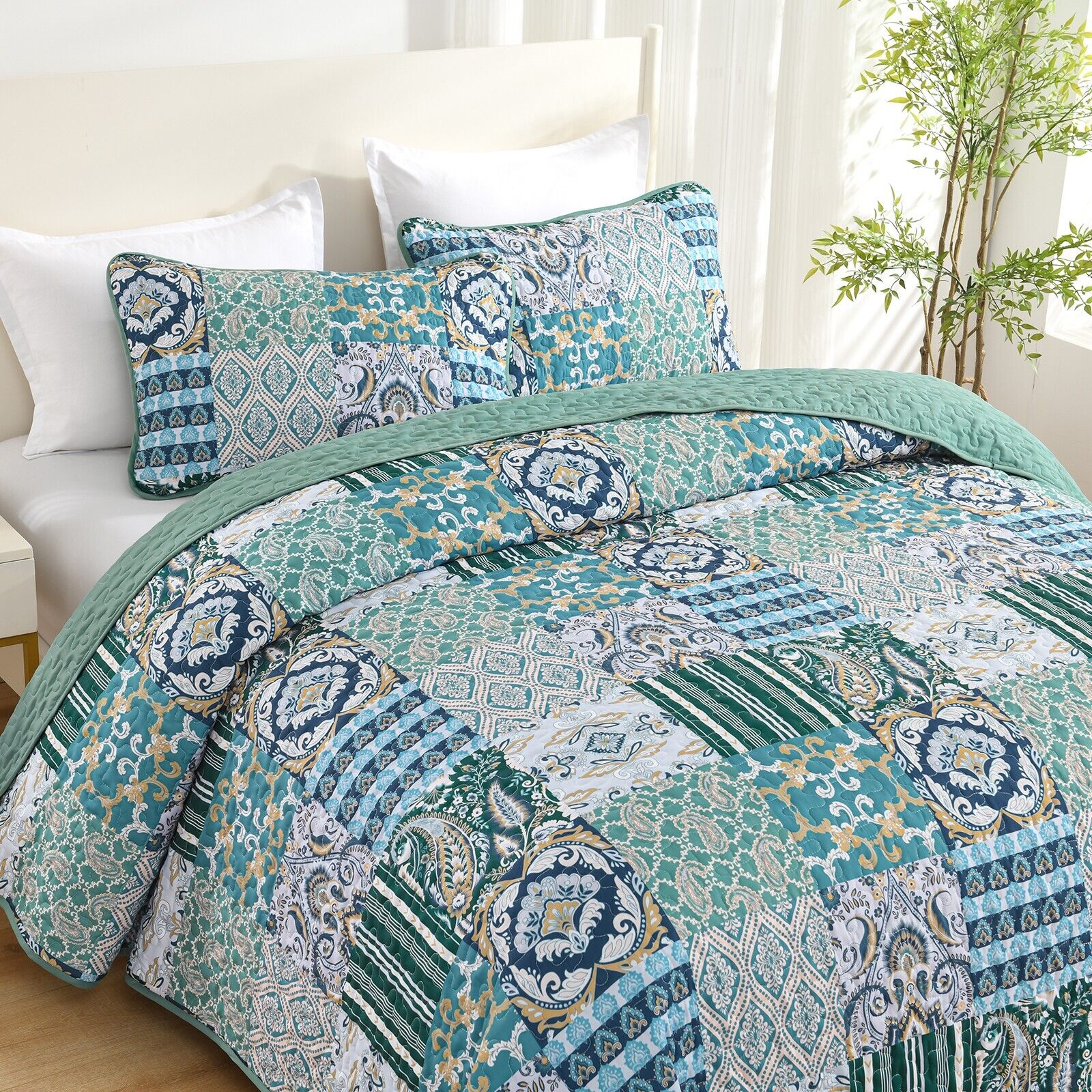 Exquisite Regal Purple 3 Pc Bedspread & Pillow Cover Set with intricate teal and white patchwork pattern on a queen bed