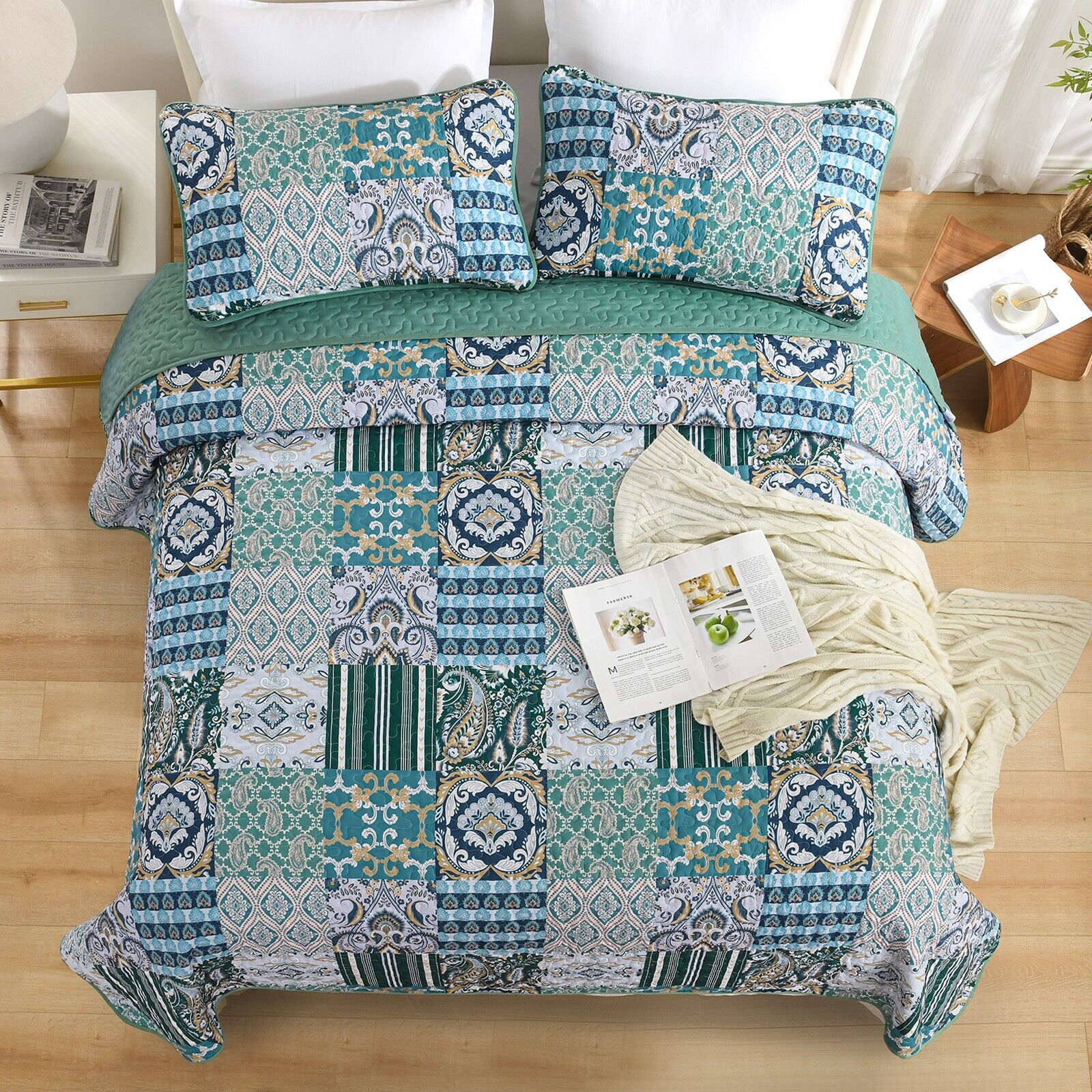 Exquisite Regal Purple 3 Pc Bedspread & Pillow Cover Set in patterned teal and blue tones on a styled queen bed with throw blanket
