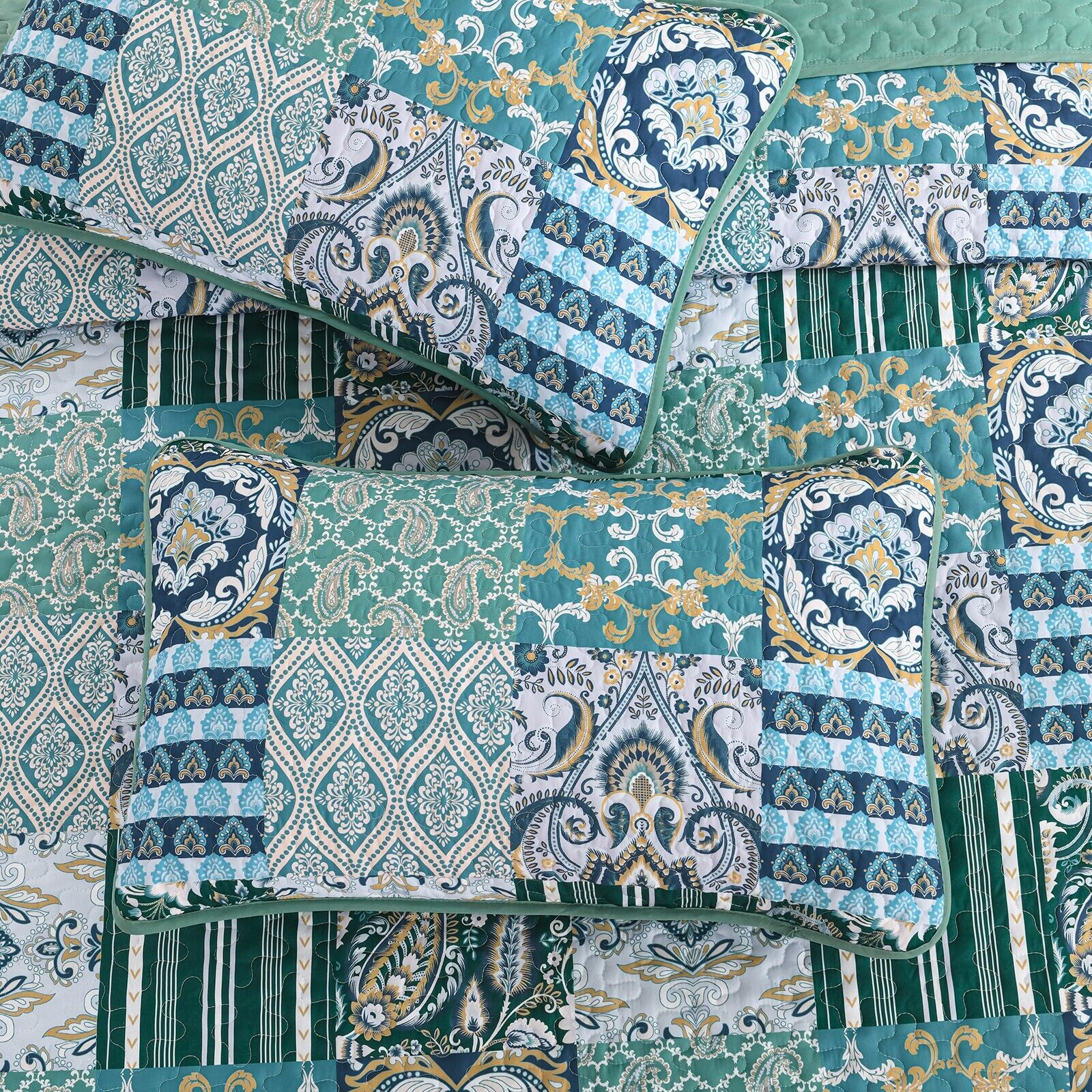 Exquisite Regal Purple 3 Pc Bedspread & Pillow Cover Set with intricate patterned patchwork design and decorative stitching