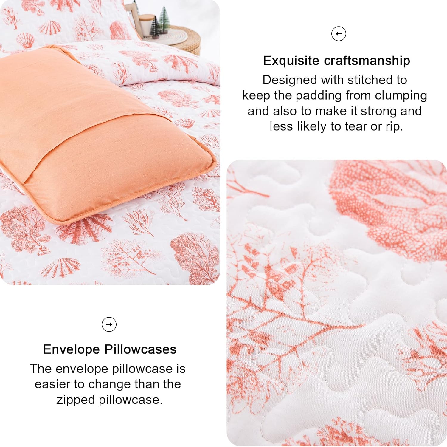 Sleek Quilted Bedspread and Pillowcases Set: Contemporary Style and Comfort - Queen size with coral print and envelope pillowcases
