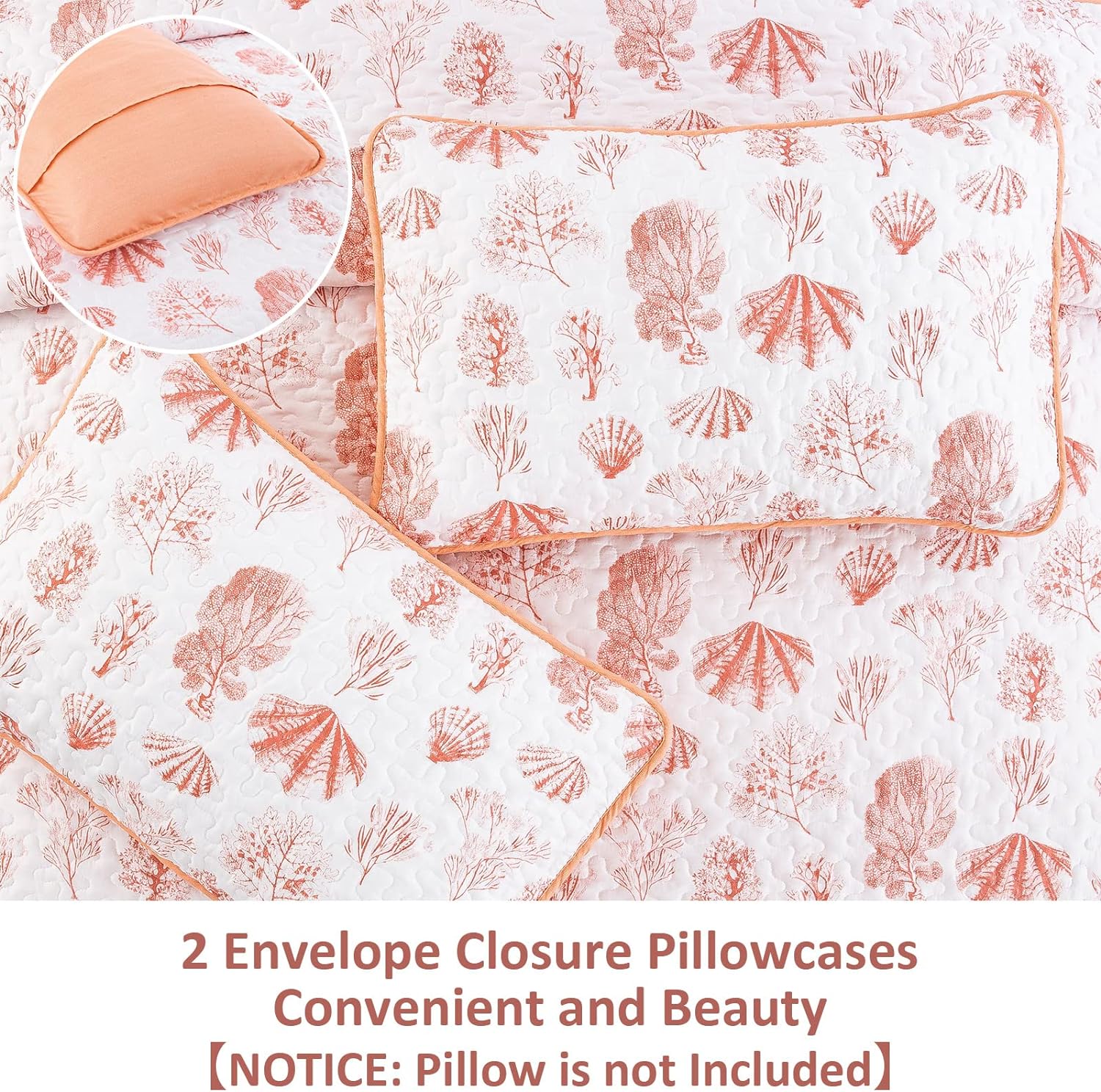 Sleek Quilted Bedspread and Pillowcases Set: Contemporary Style and Comfort - Queen size with coral leaf print and envelope pillowcases