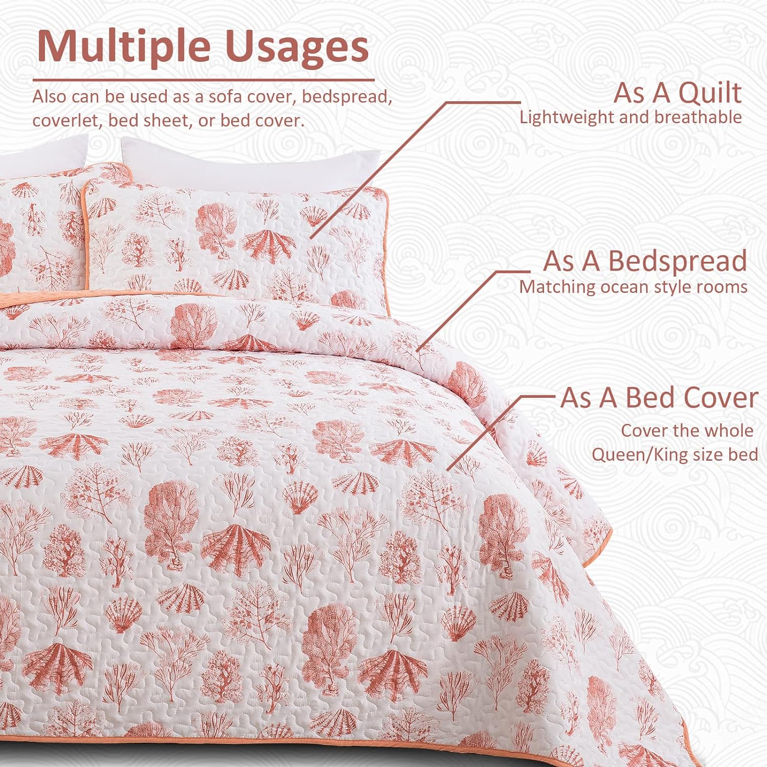 Sleek Quilted Bedspread and Pillowcases Set: Contemporary Style and Comfort - Queen size with coral pattern shown as quilt and bedspread