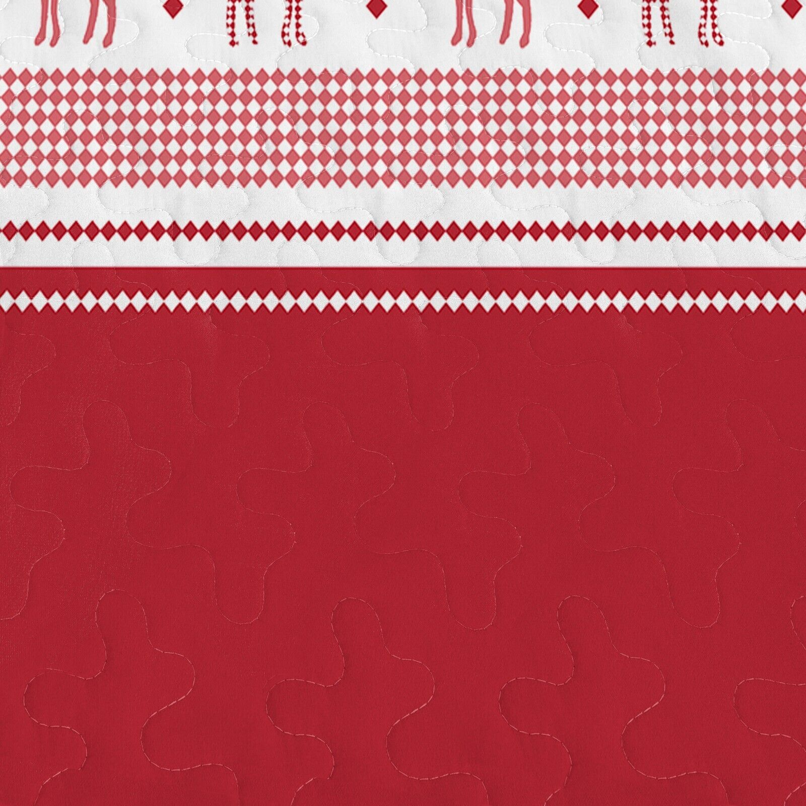 Joyful Red & white Reindeer Christmas Queen Bedspread Set with quilted red and patterned white sections featuring reindeer and diamonds