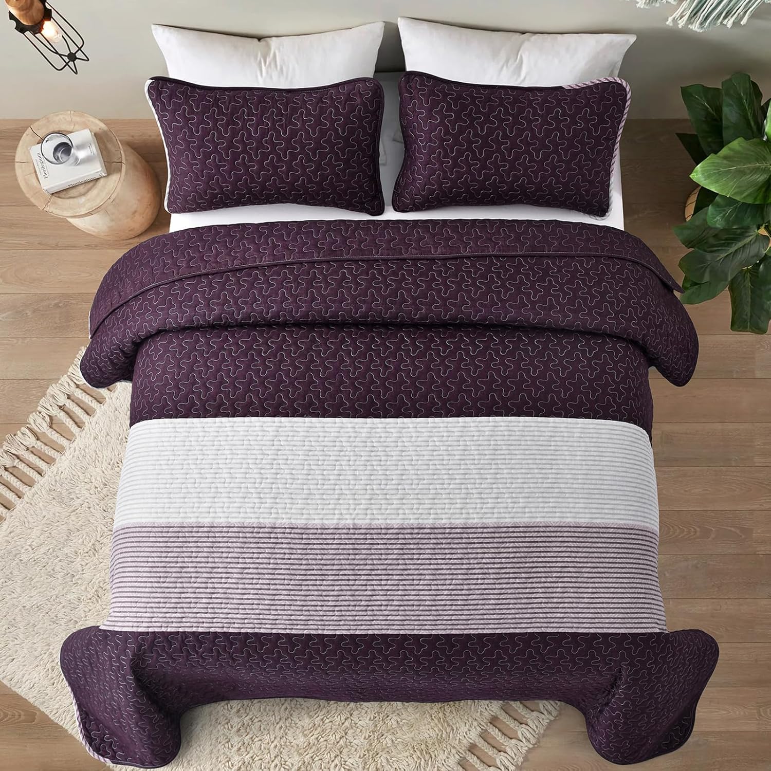 Radiant Quilted coverlet and pillowcovers set: Brighten Any Room - Queen size with dark purple and white bedding on bedzy bed