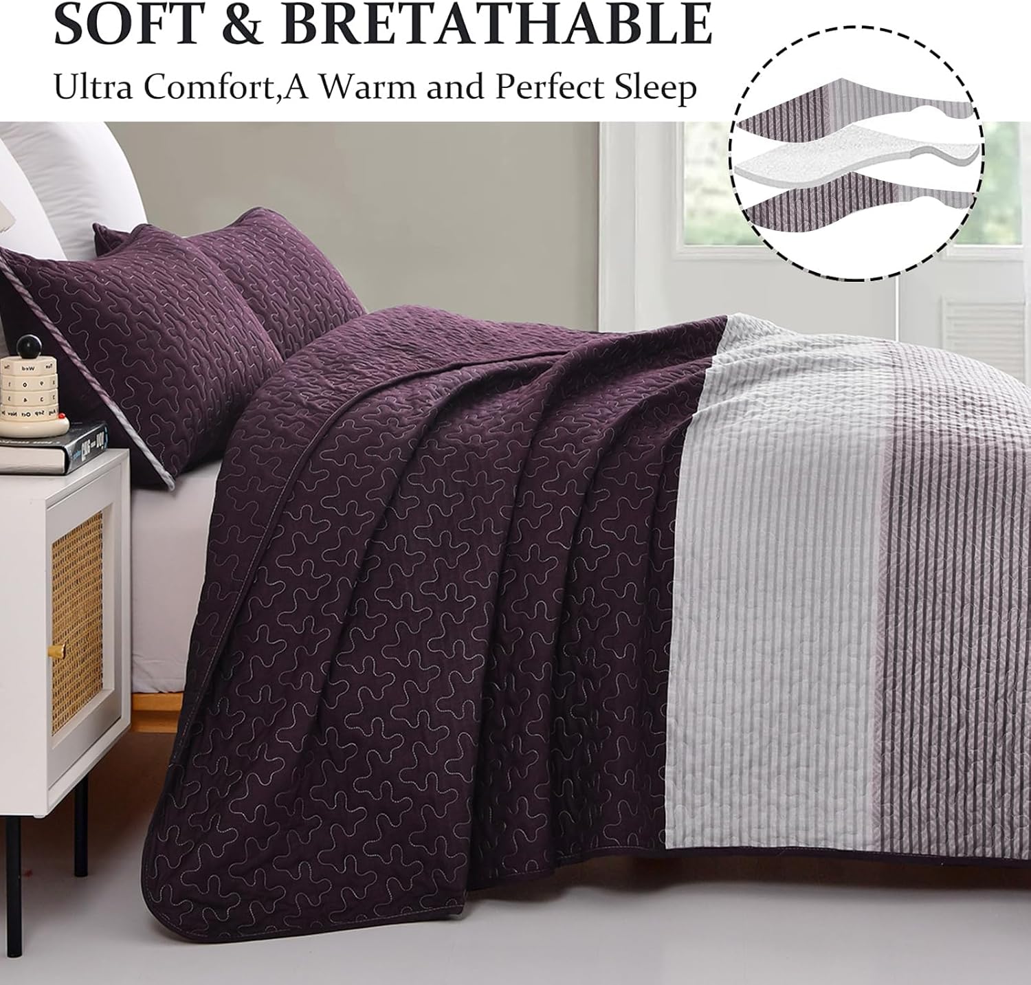 Radiant Quilted coverlet and pillowcovers set: Brighten Any Room - Queen size with soft textured purple quilt on bed with pillows