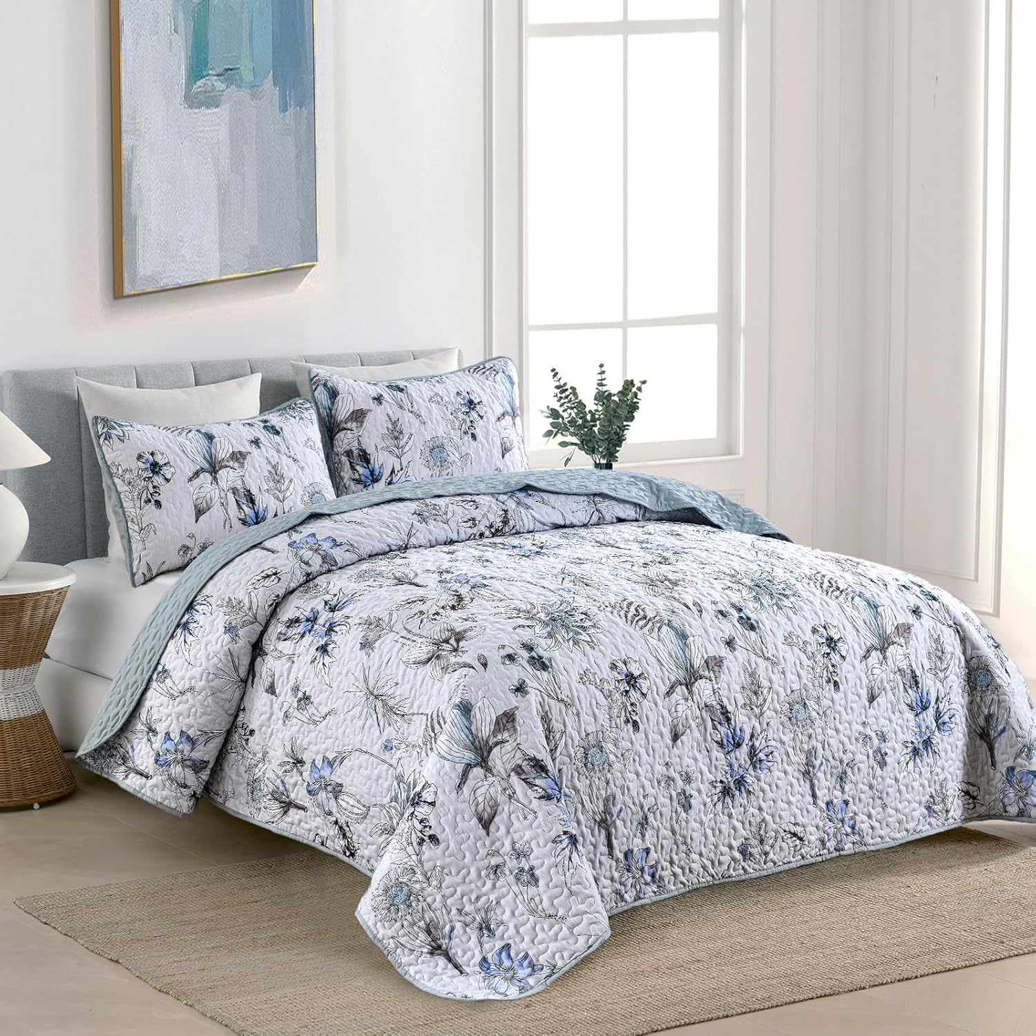 Yearning Quilted coverlet and pillowcovers set: For a Better Night's Sleep - Queen size with floral design on bed in bedroom setting