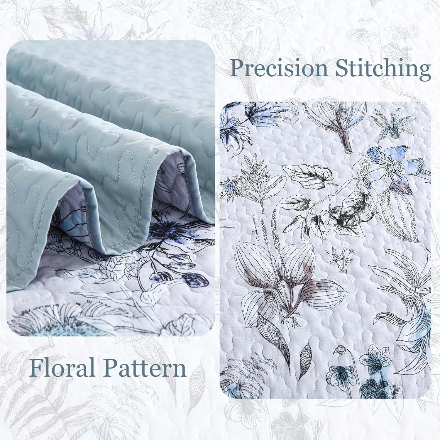 Yearning Quilted coverlet and pillowcovers set: For a Better Night's Sleep - Queen size with floral pattern and precision stitching close-up