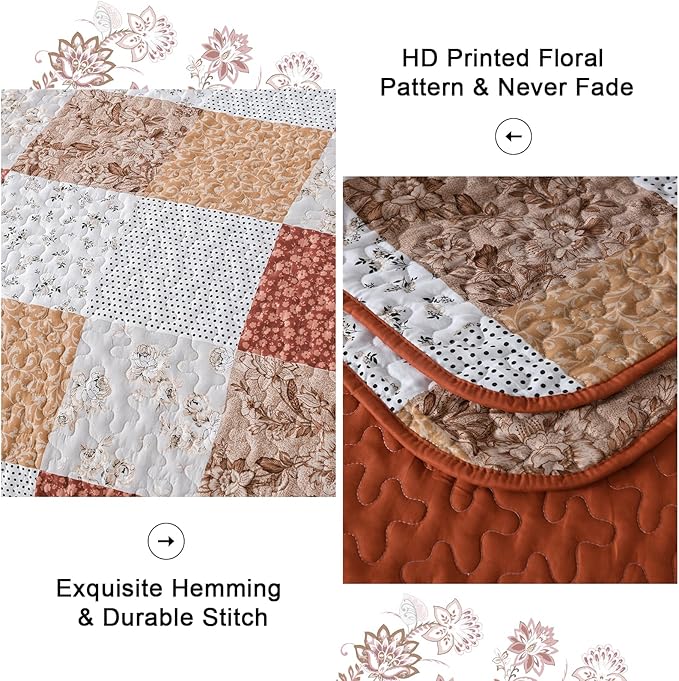 Queen Size Checkered Bedspread Set Vibrant Retro Pattern with floral print, durable stitch, and warm toned patchwork design