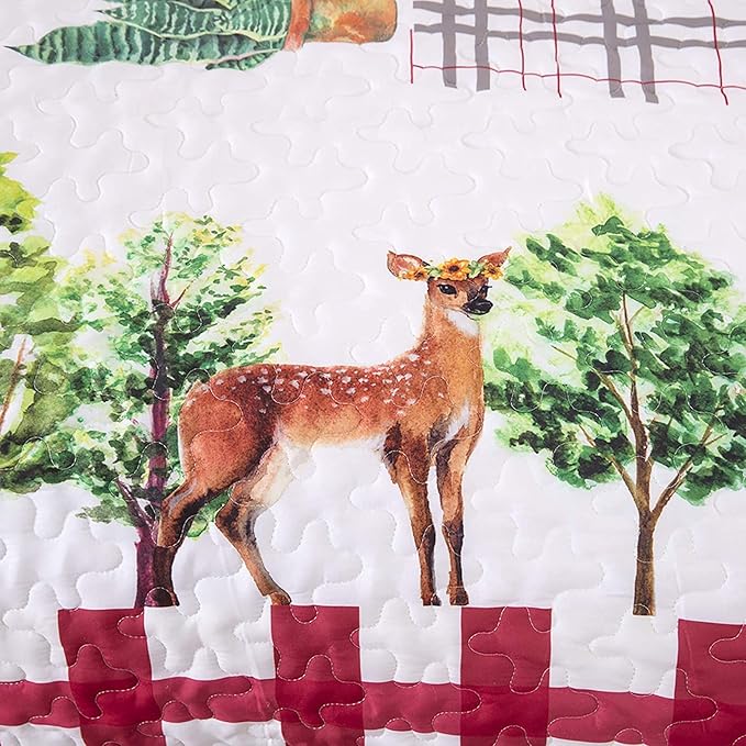 Festive Christmas Red & Green Queen Bedspread Set featuring a deer and tree design on quilted fabric.