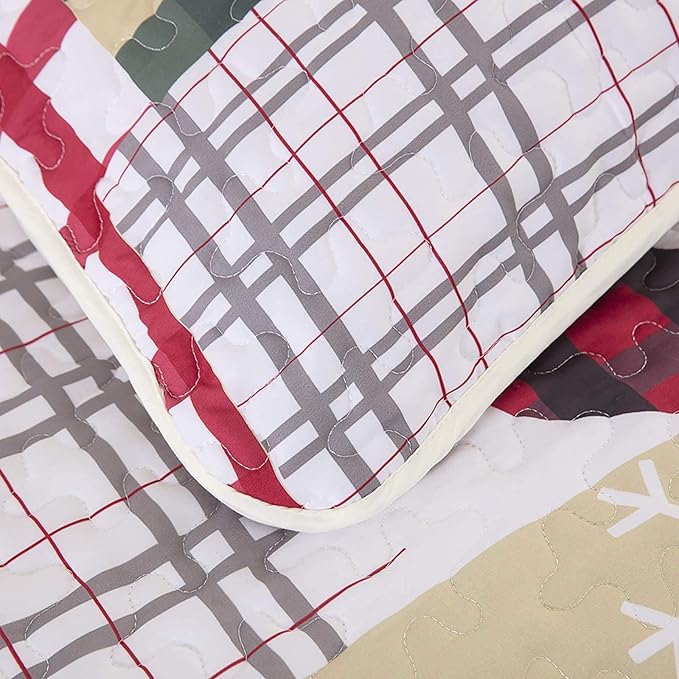Festive Christmas Red & Green Queen Bedspread Set with quilted pattern in red, green, white, and beige tones close-up