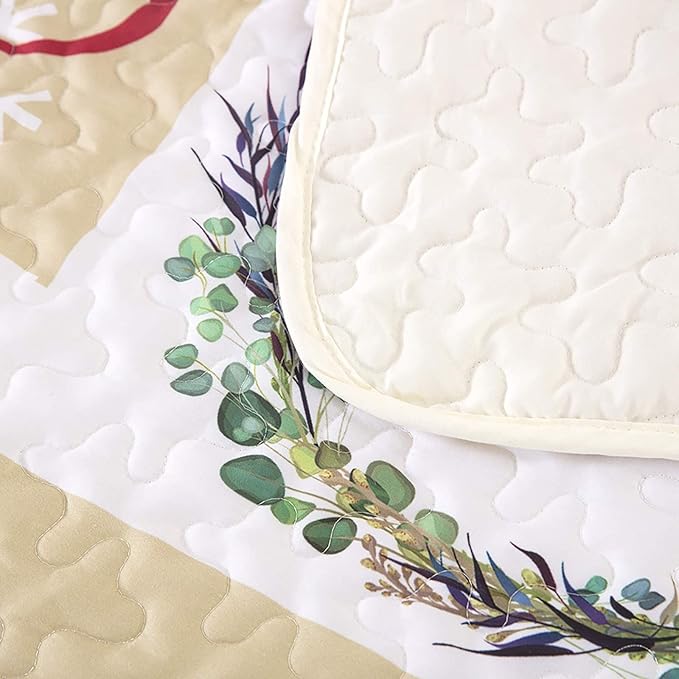 Close-up of quilted fabric details on Festive Christmas Red & Green Queen Bedspread Set showing stitched patterns and botanical print accents